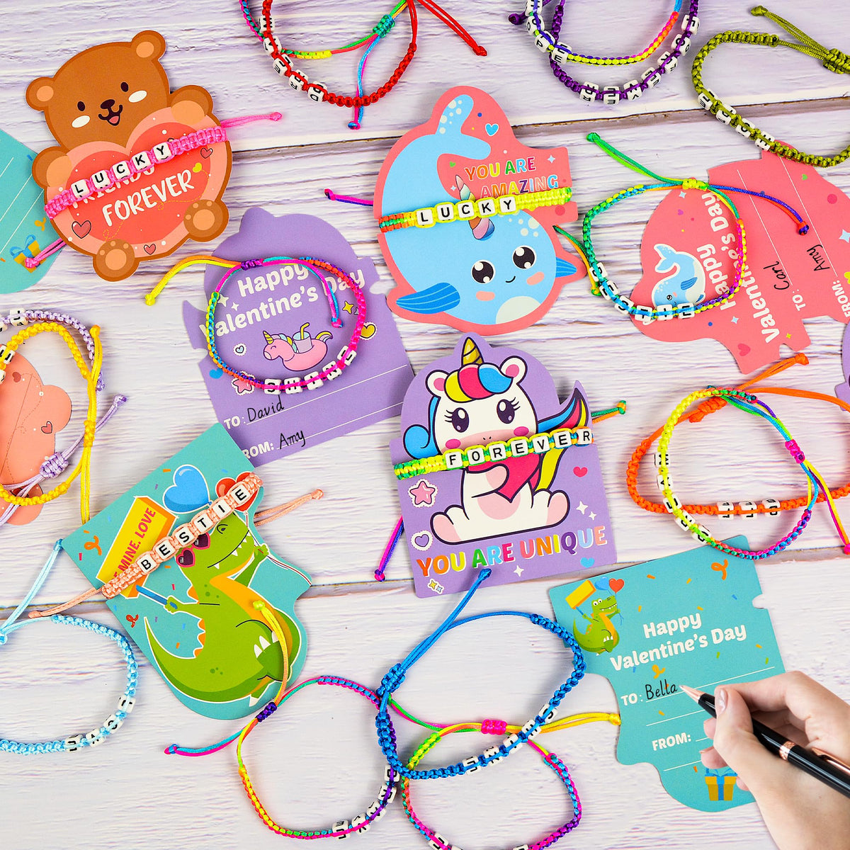 Gofriipai Valentines Day Cards for Kids – 24-Pack with Friendship Bracelets