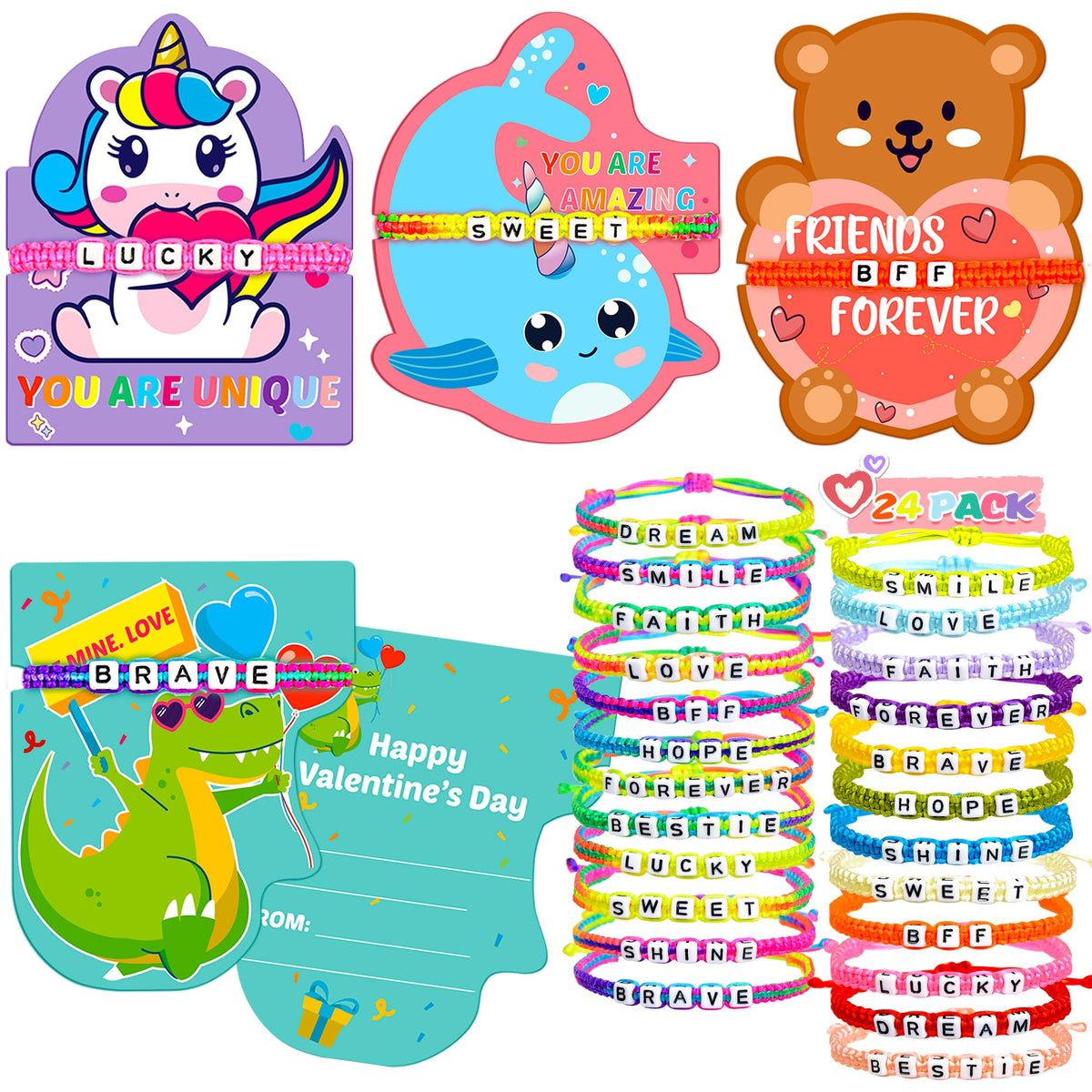 Gofriipai Valentines Day Cards for Kids – 24-Pack with Friendship Bracelets