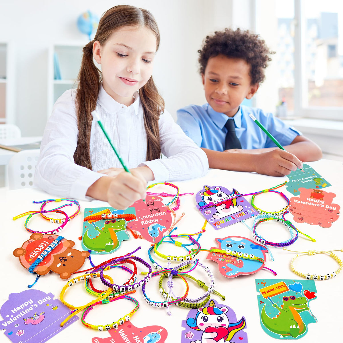 Gofriipai Valentines Day Cards for Kids – 24-Pack with Friendship Bracelets