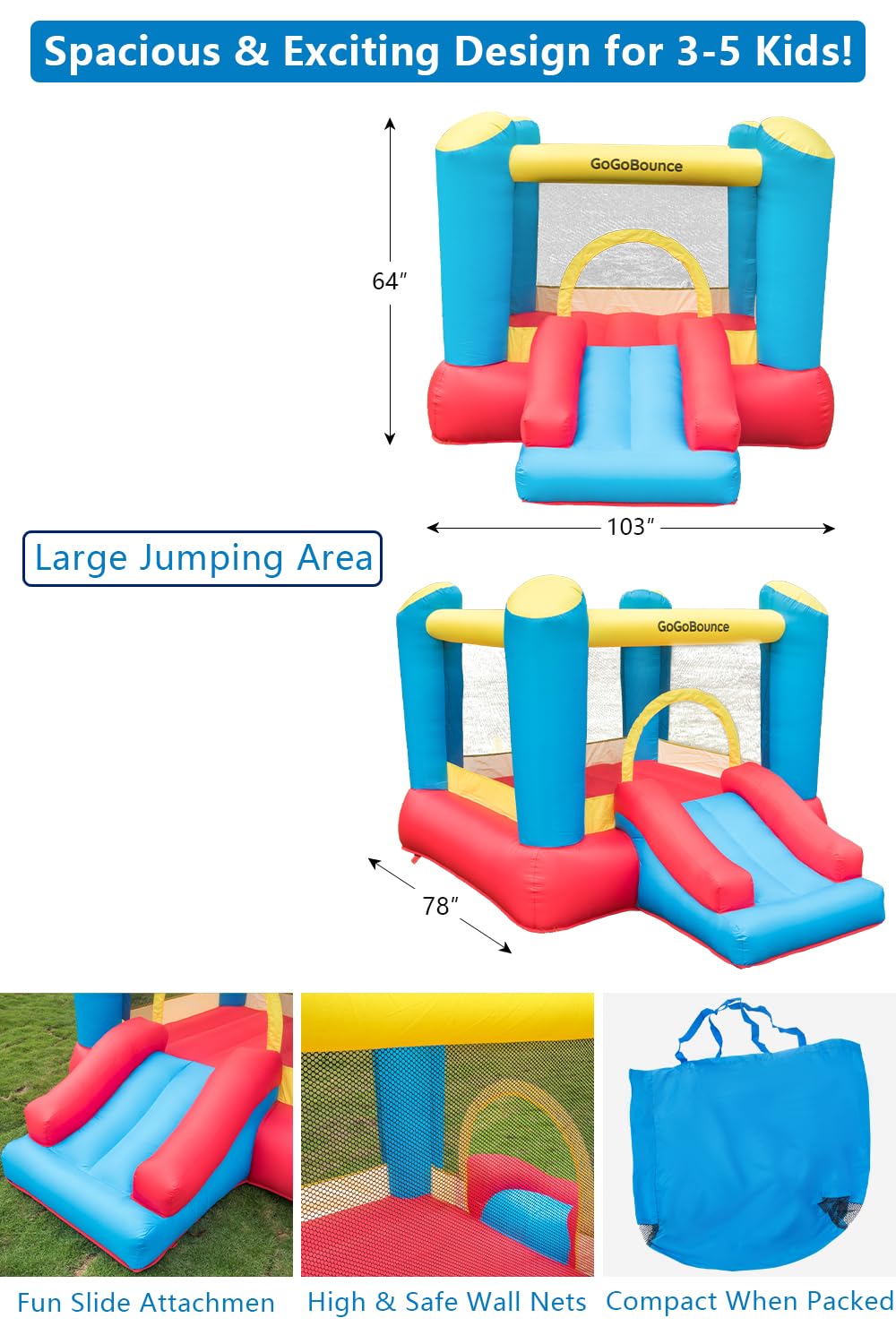 GoGoBounce Easy Setup Inflatable Bounce House with Slide – Indoor/Outdoor (Ages 1.5–12)