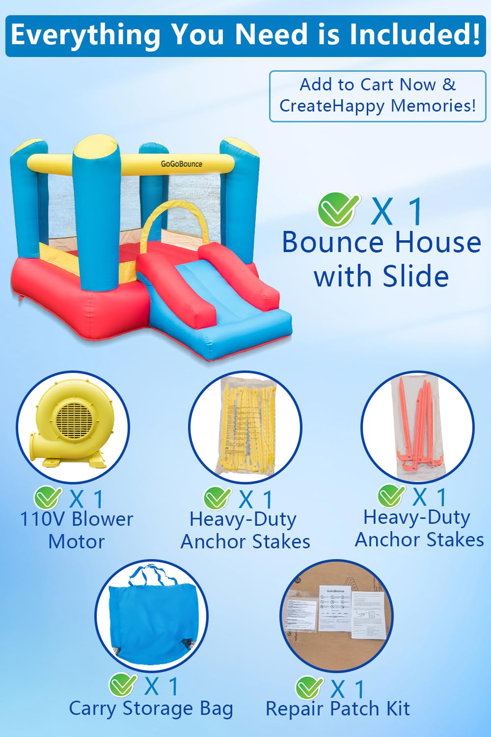 GoGoBounce Easy Setup Inflatable Bounce House with Slide – Indoor/Outdoor (Ages 1.5–12)