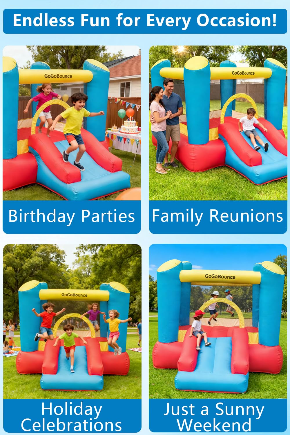 GoGoBounce Easy Setup Inflatable Bounce House with Slide – Indoor/Outdoor (Ages 1.5–12)