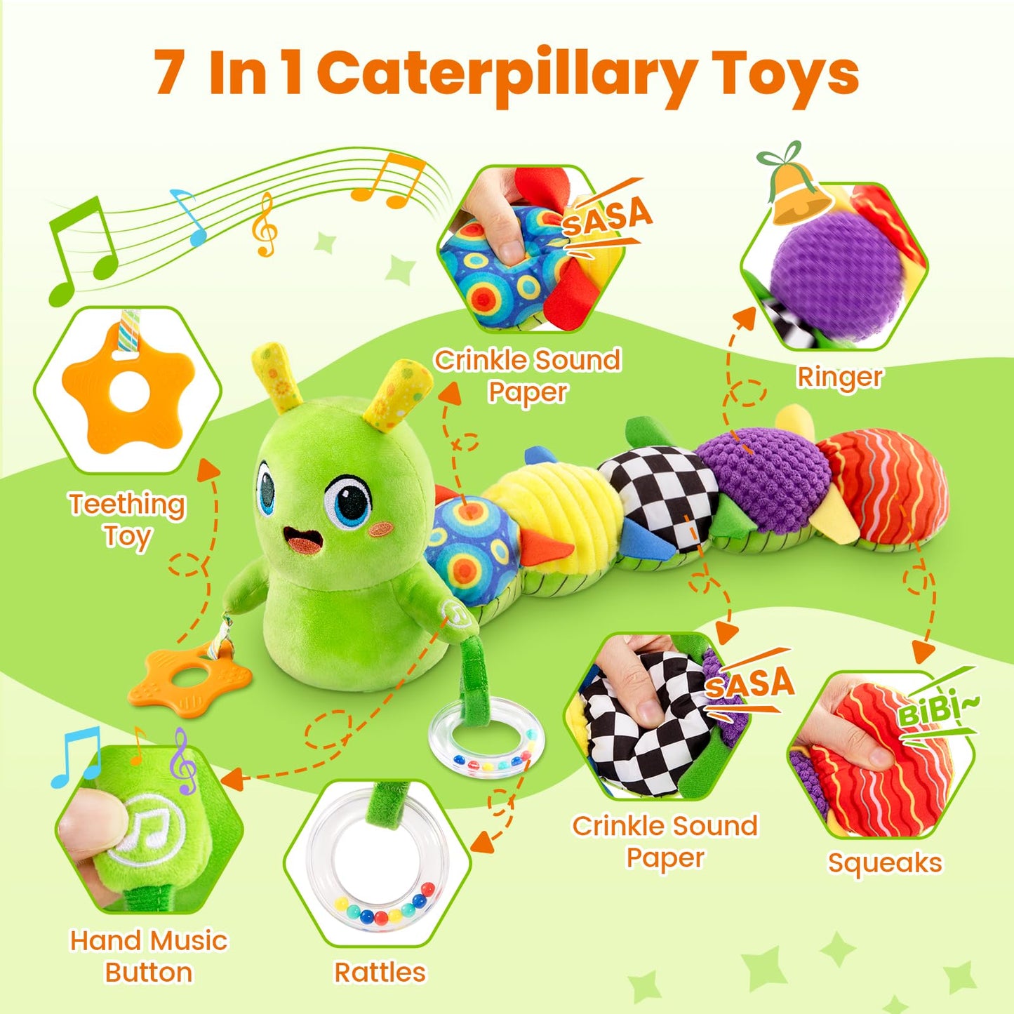 GoGonova Baby Toys 0-6 Months: Washable Musical Caterpillar with 10 Songs