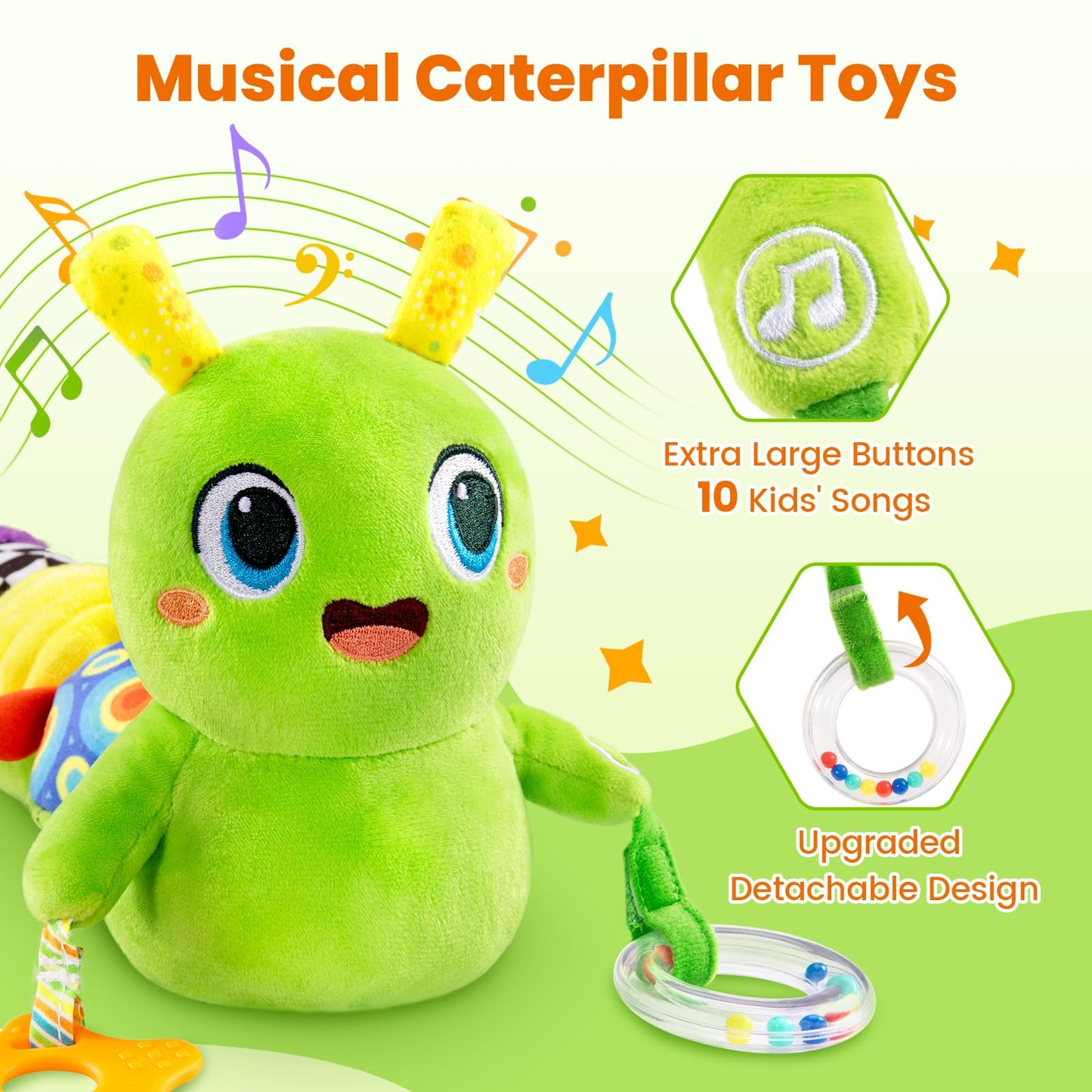 GoGonova Baby Toys 0-6 Months: Washable Musical Caterpillar with 10 Songs