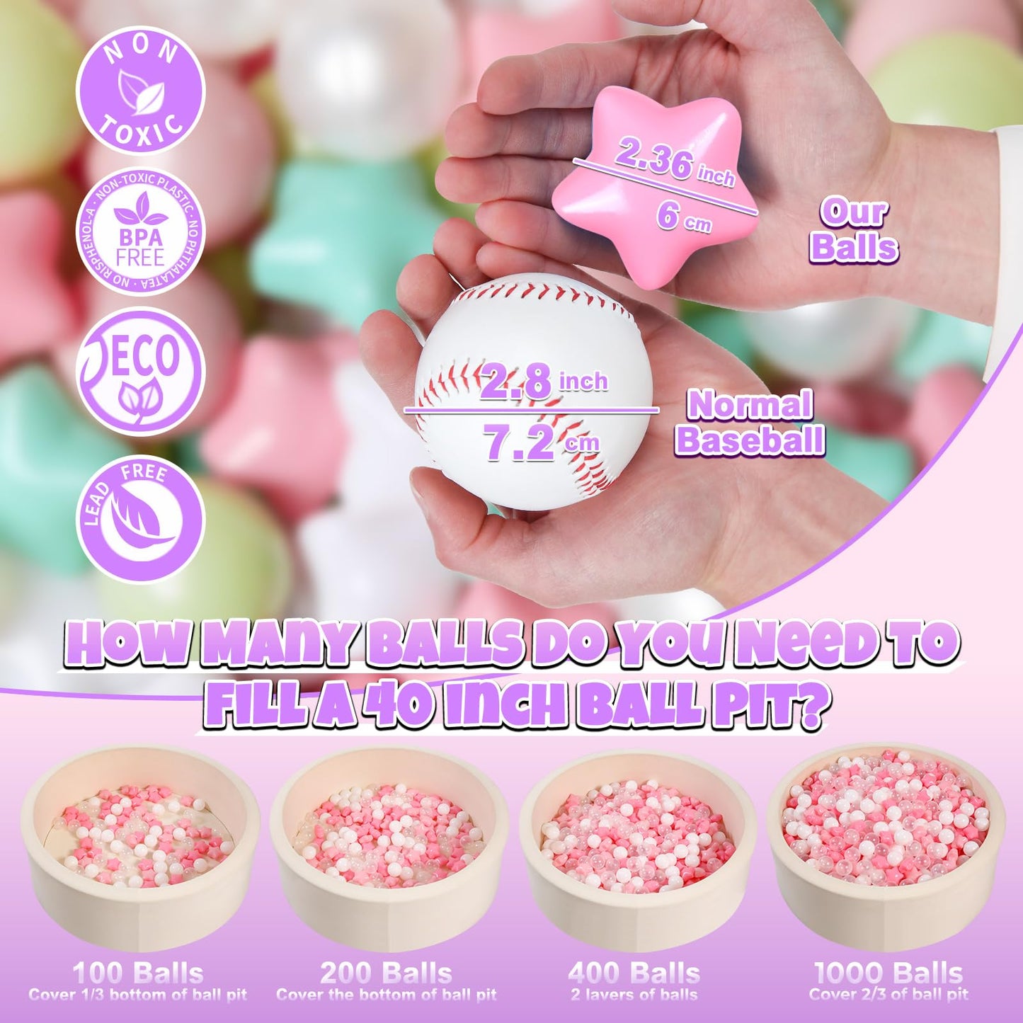 GOGOSO Ball Pits Balls – 100 Count, 2.2-Inch Crush-Proof Non-Toxic Plastic Balls (Pink/Green/White)