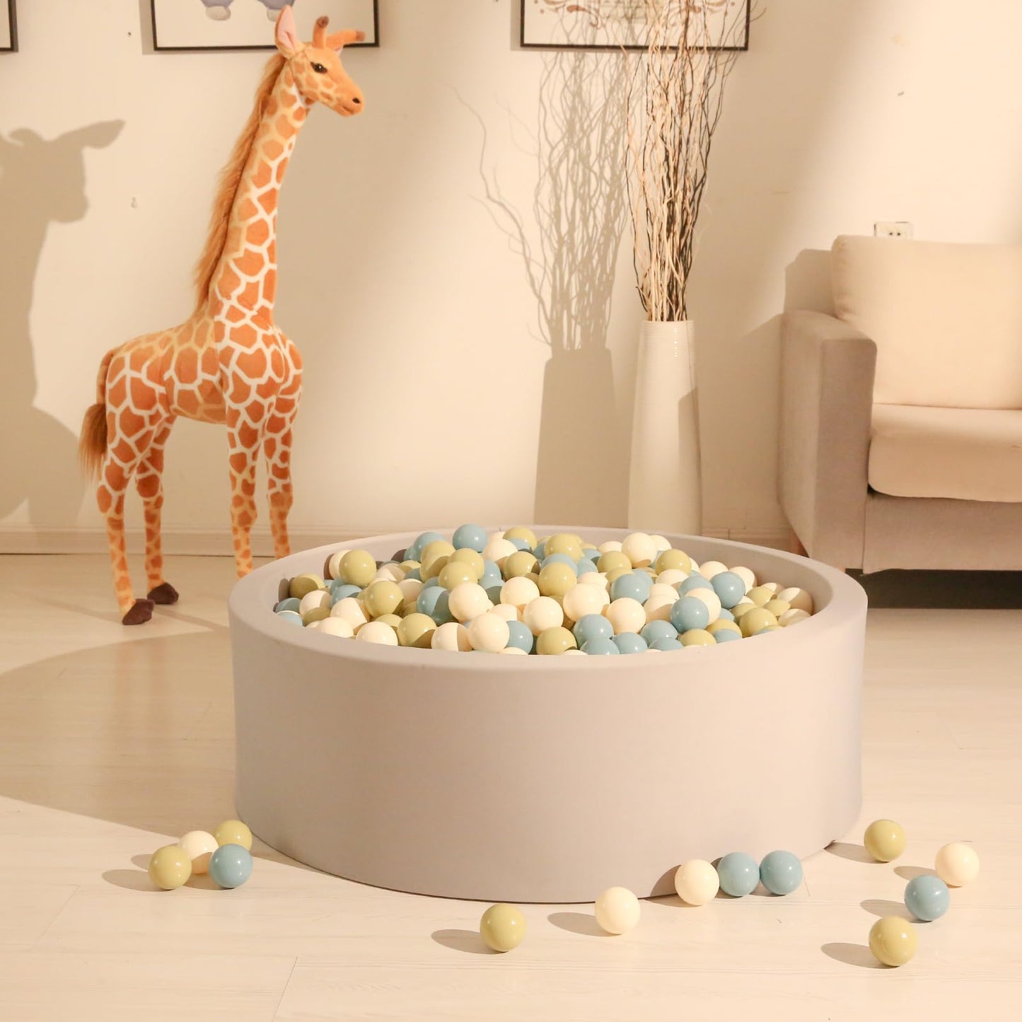 GOGOSO Ball Pit Balls – 2.15-inch Plastic Balls, 100pc Pack in Creamy Green, Creamy Blue & Soft White