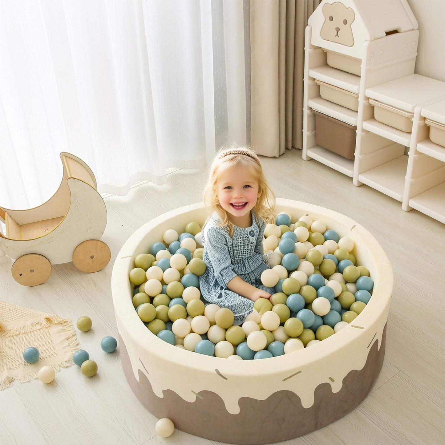 GOGOSO Ball Pit Balls – 2.15-inch Plastic Balls, 100pc Pack in Creamy Green, Creamy Blue & Soft White