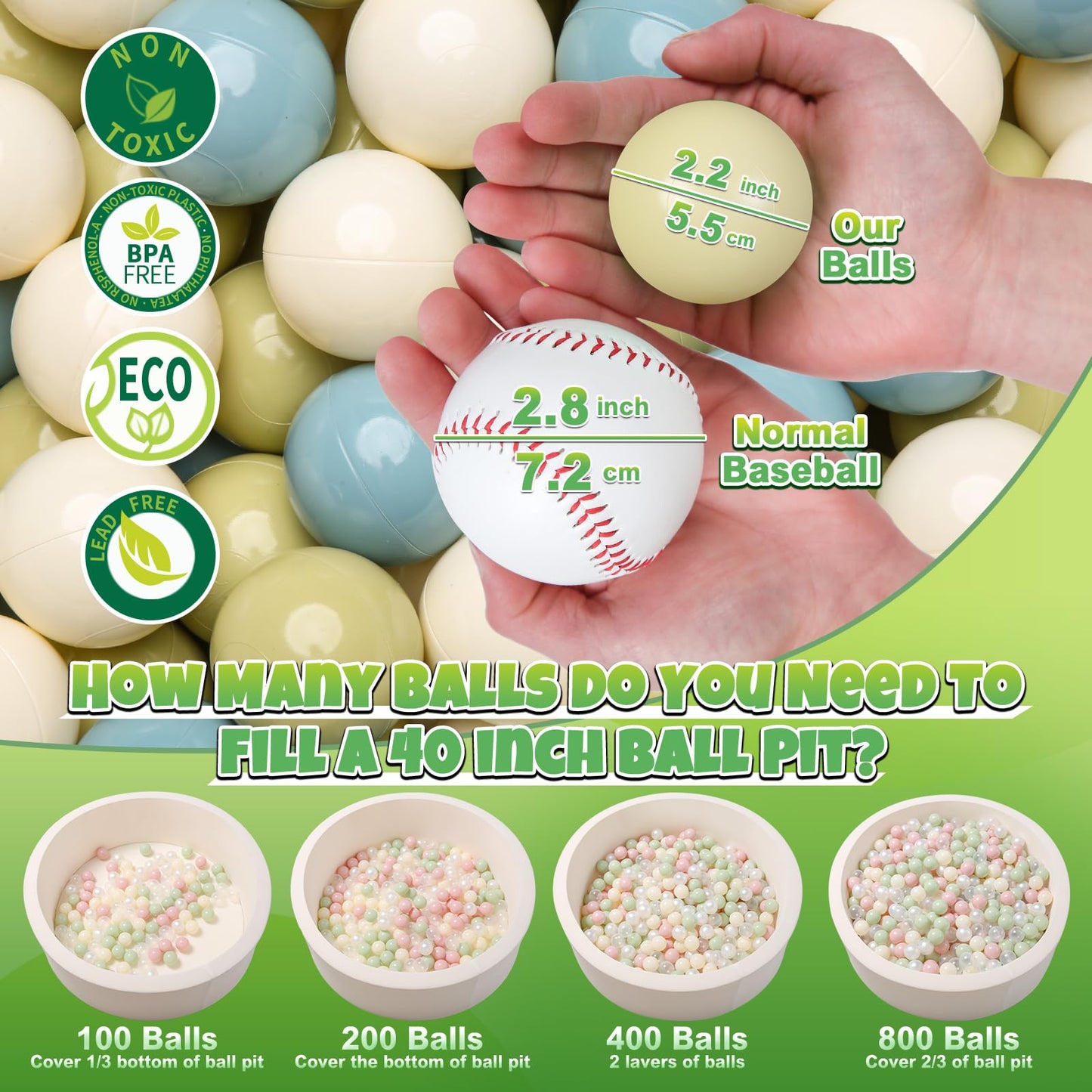 GOGOSO Ball Pit Balls – 2.15-inch Plastic Balls, 100pc Pack in Creamy Green, Creamy Blue & Soft White