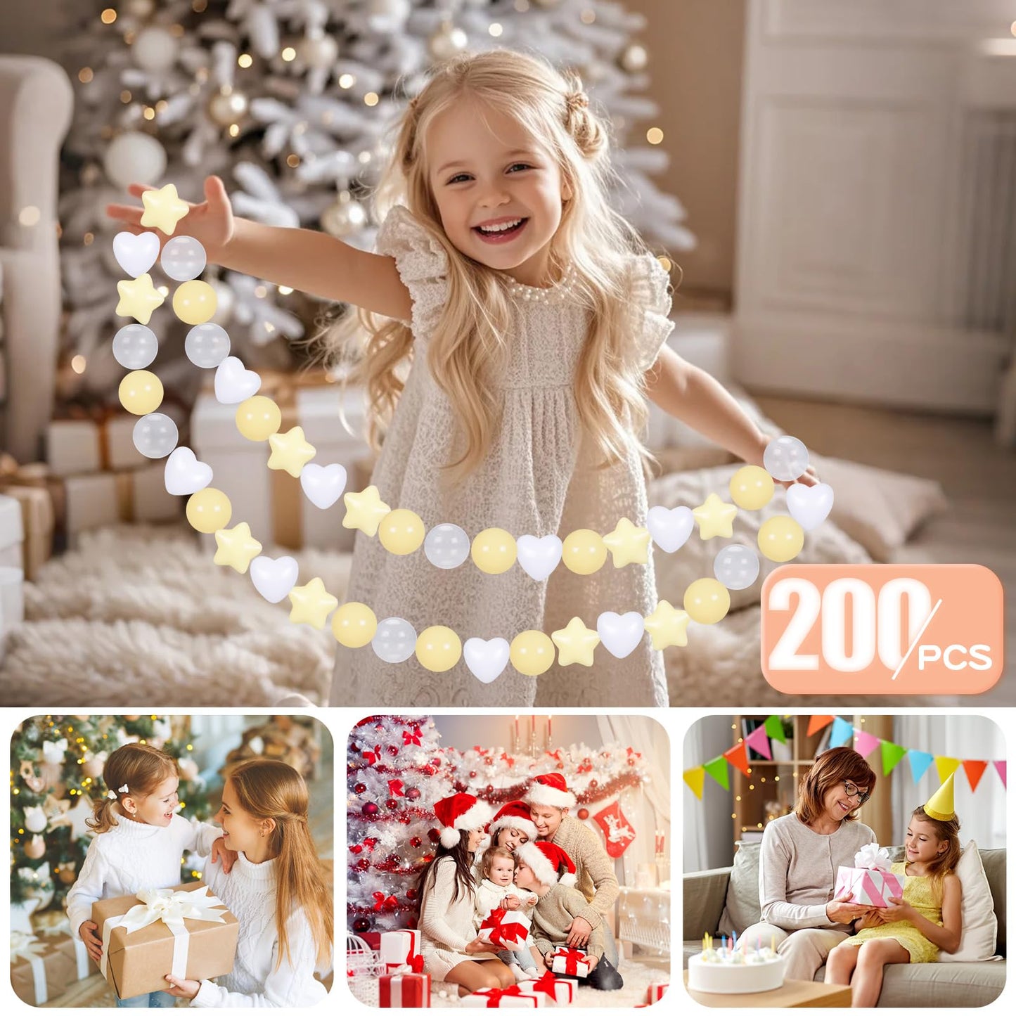 GOGOSO Ball Pit Balls - 200pcs Pastel Stars & Hearts (Beige/Clear/White) for Toddlers