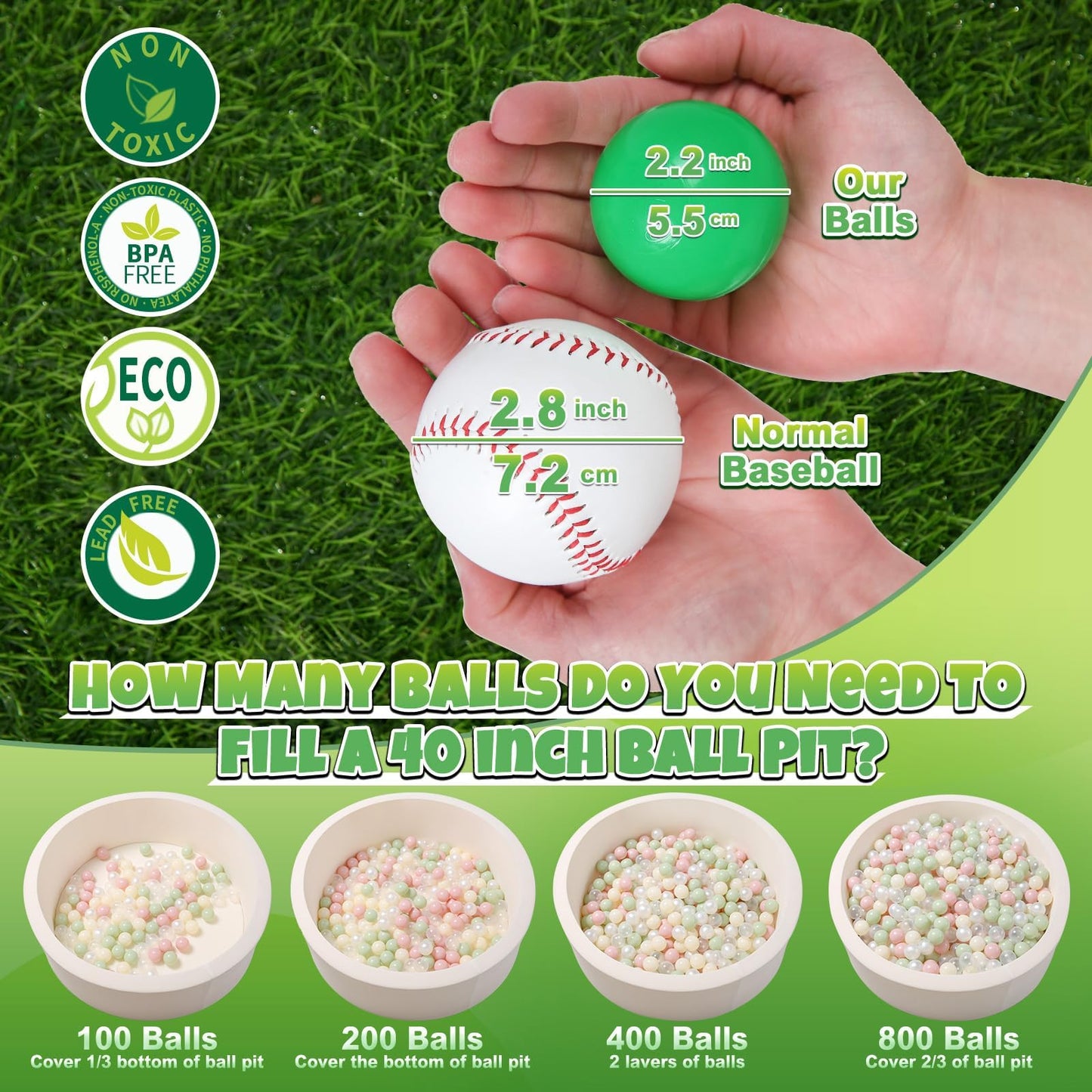 GOGOSO Ball Pit Balls – 100 Soft Pastel Play Balls (2.2-inch Diameter), BPA-Free, Non-Toxic – Green, White & Gold