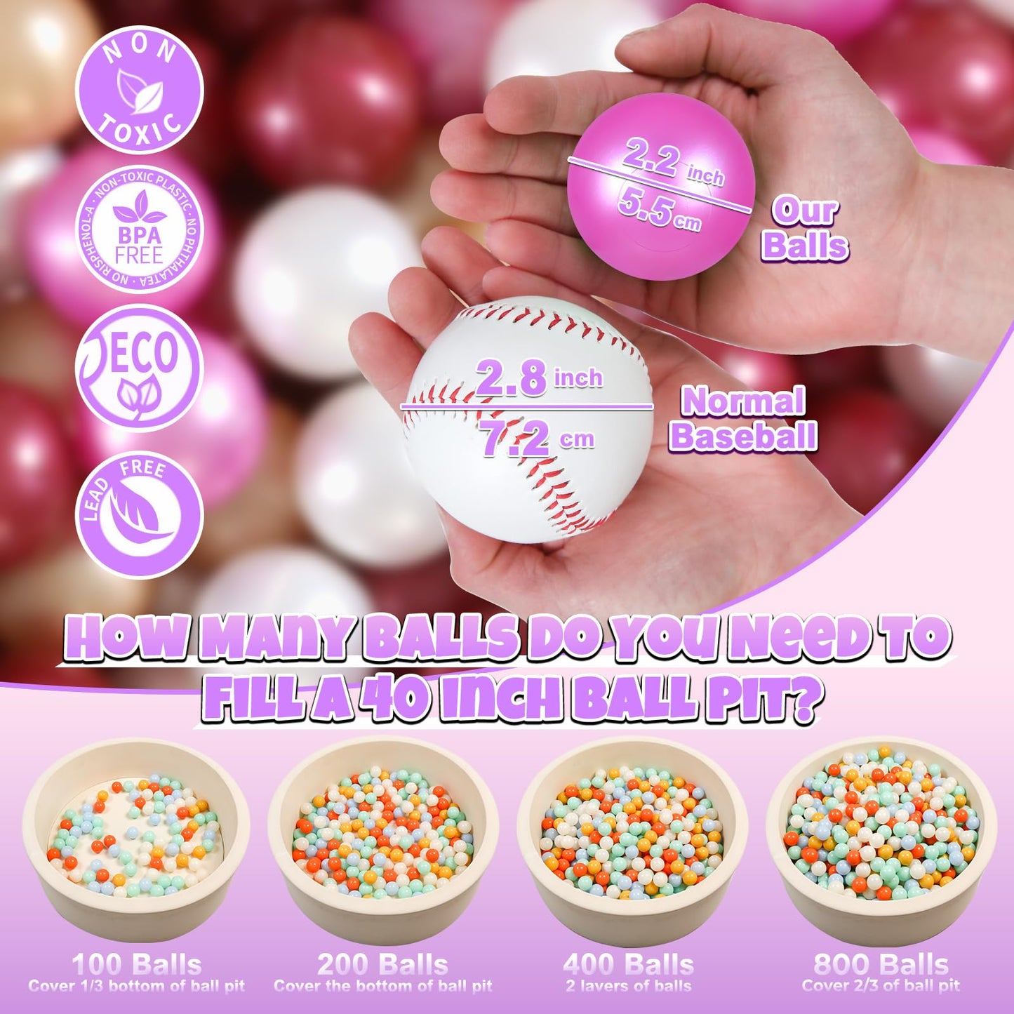 GOGOSO Ball Pit Balls – 100 Non-Toxic 2.2-Inch Toddler Play Balls (Dark Pink, Gold, White, Red)