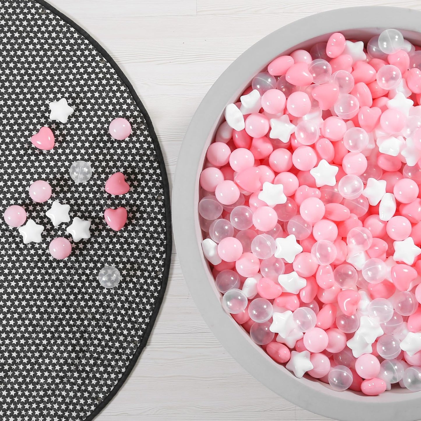 GOGOSO Ball Pit Balls - 100pcs Stars & Hearts Shapes (Pink, Light Pink, White, Clear) - 2.15in, Phthalate-free & BPA-free