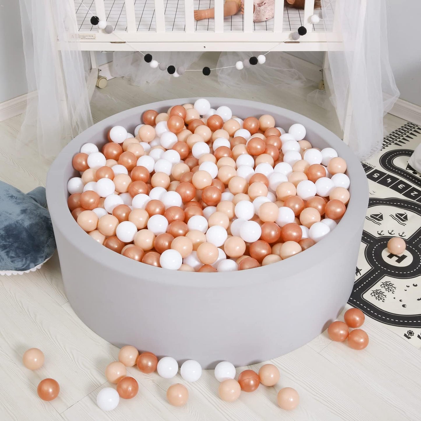 GOGOSO Ball Pit Balls for Toddlers – 100 Soft Pastel Balls, Beige & White with Gold Accents, BPA-Free