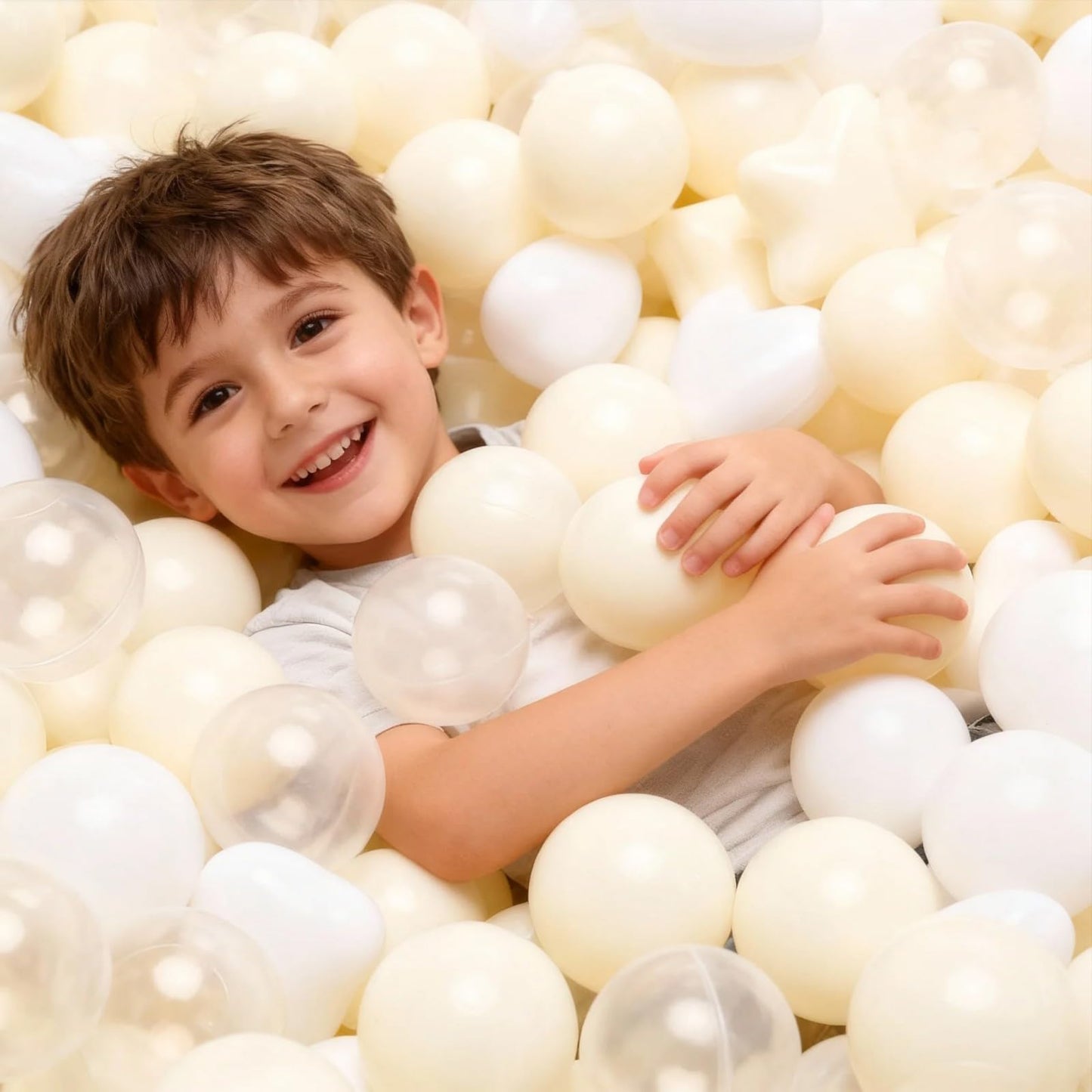 GOGOSO Ball Pit Balls - 200pcs Pastel Stars & Hearts (Beige/Clear/White) for Toddlers
