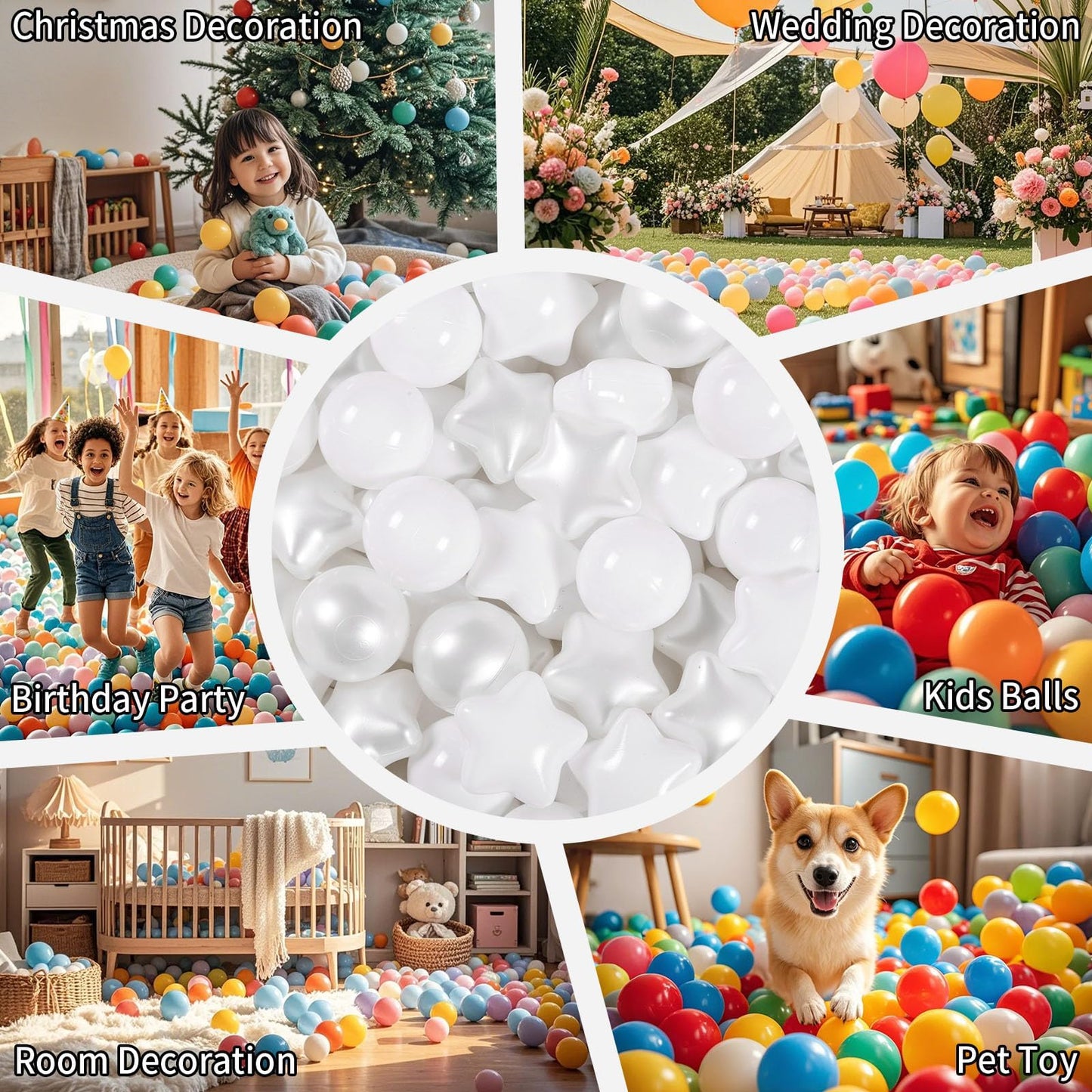 GOGOSO Ball Pit Balls for Toddlers – 100 Non-Toxic Pastel Pearl White & White Star