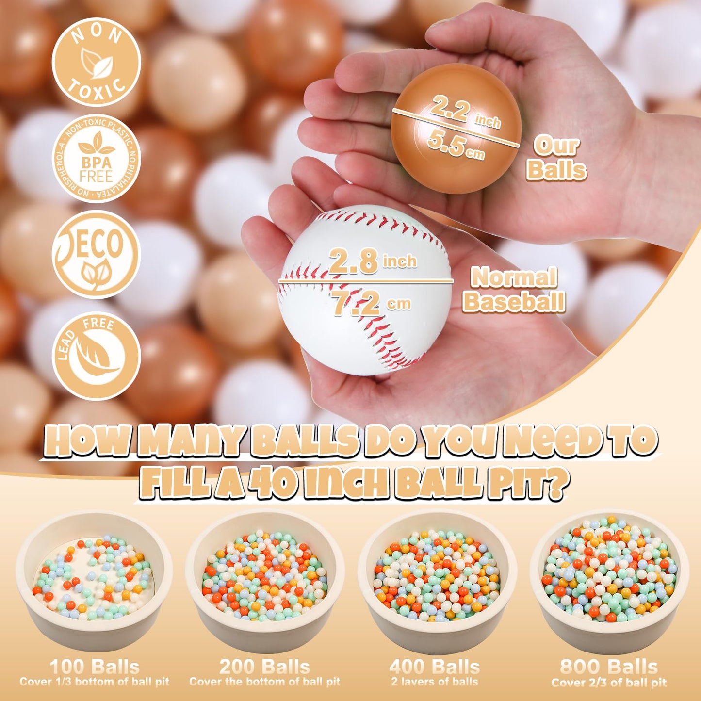 GOGOSO Ball Pit Balls for Toddlers – 100 Soft Pastel Balls, Beige & White with Gold Accents, BPA-Free
