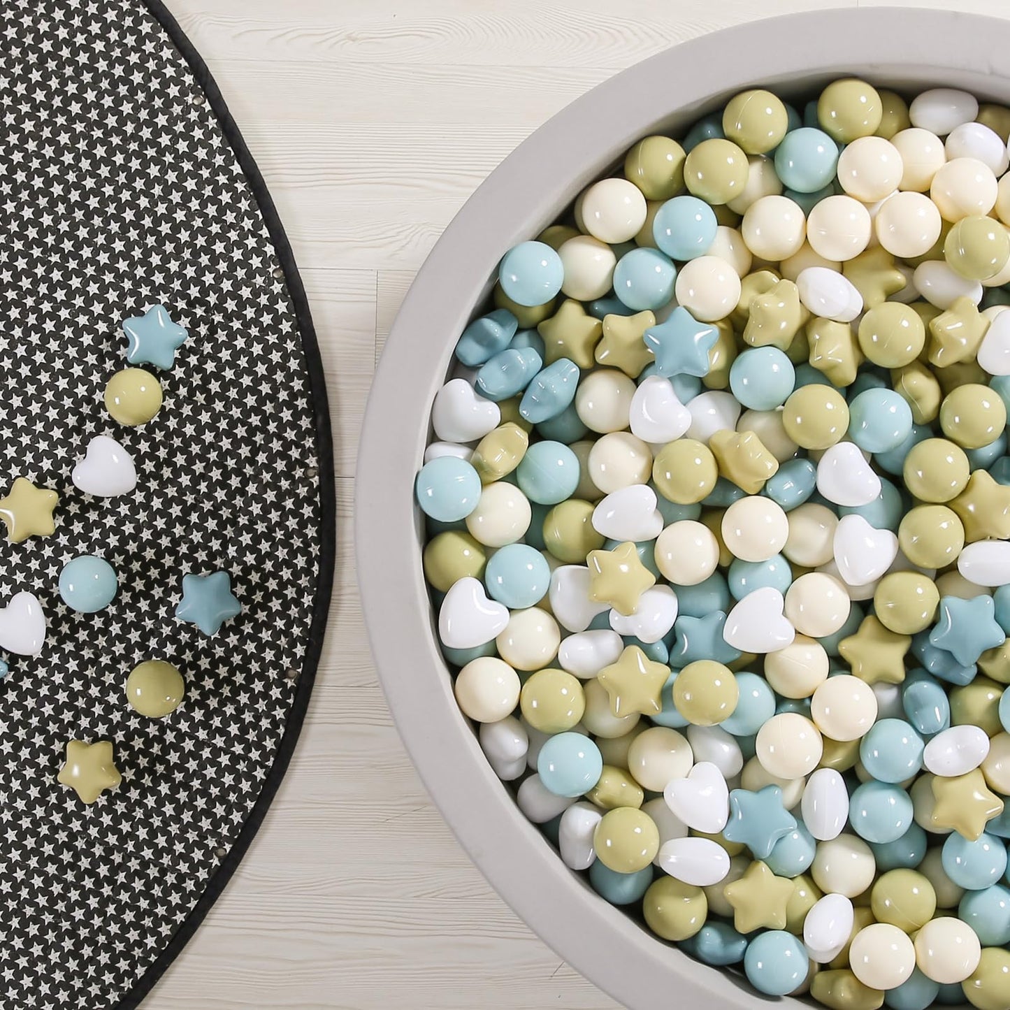GOGOSO Ball Pit Balls – Stars & Hearts Shaped, 100pcs Pastel Creamy Blue/Green/White
