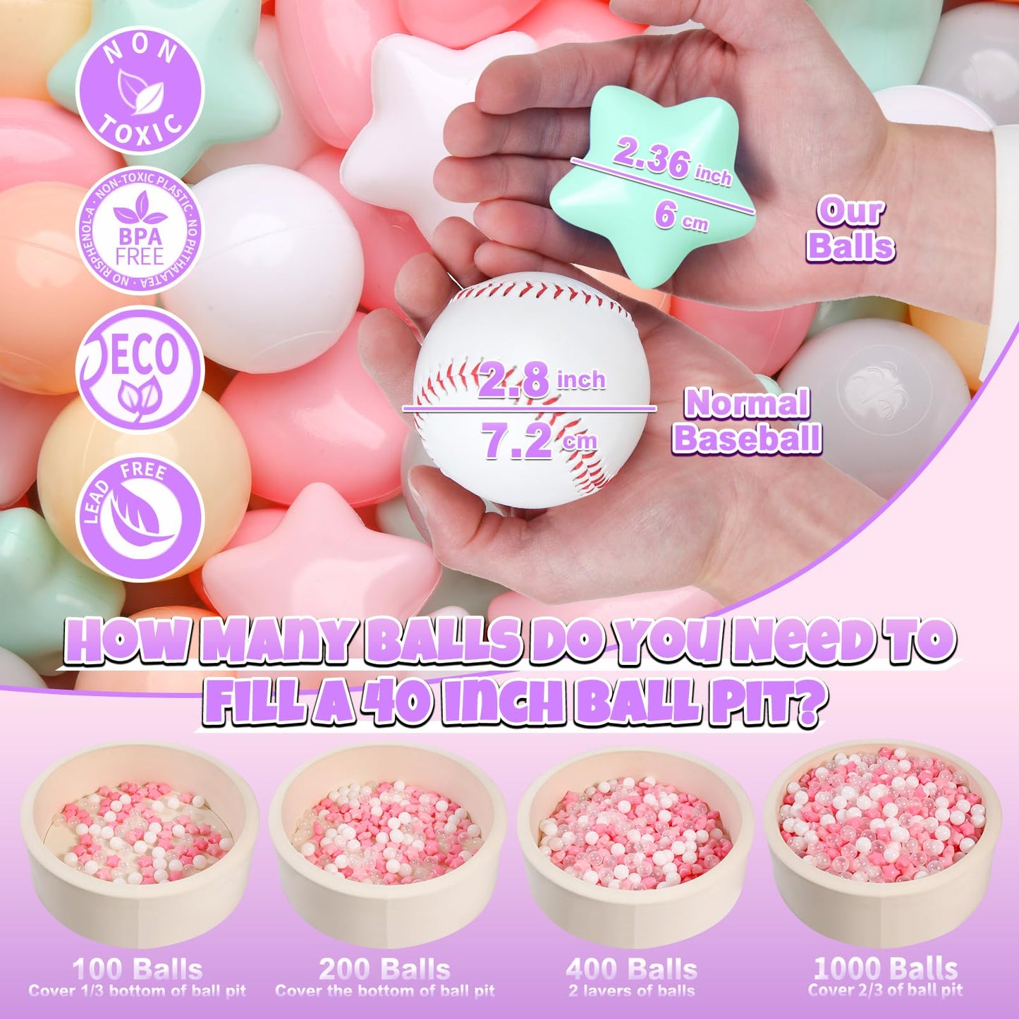 GOGOSO Ball Pit Balls 1000pcs – Star & Heart Pastel Shapes, 2.15in, BPA-Free