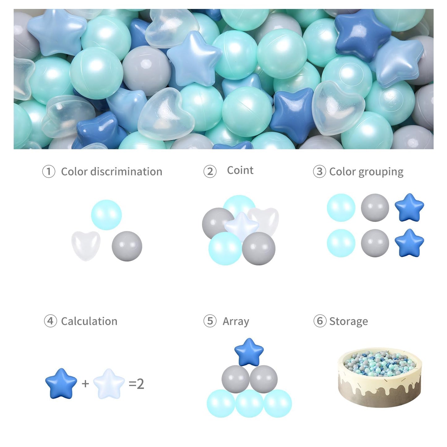 GOGOSO Ball Pit Balls – 200 Pcs Star & Heart Shaped Pastel Balls (Cream Blue & Pearl Blue)