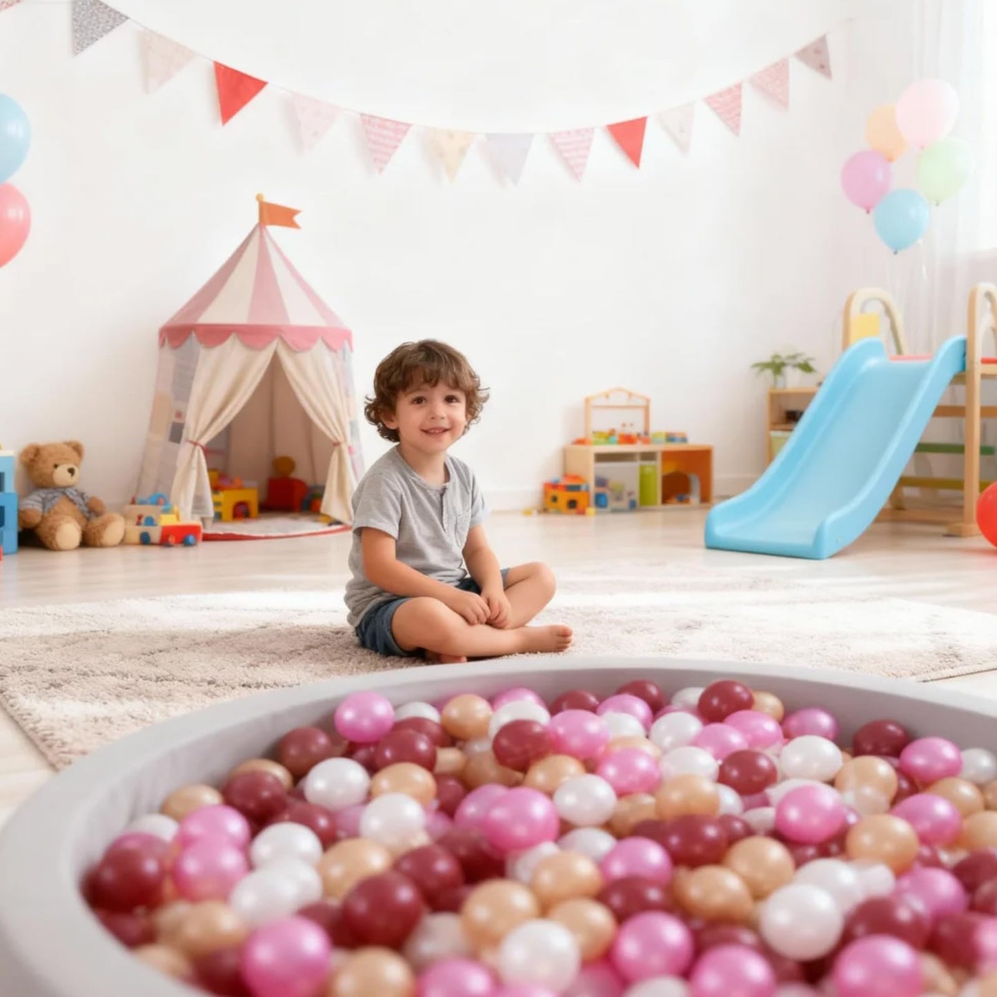 GOGOSO Ball Pit Balls – 100 Non-Toxic 2.2-Inch Toddler Play Balls (Dark Pink, Gold, White, Red)