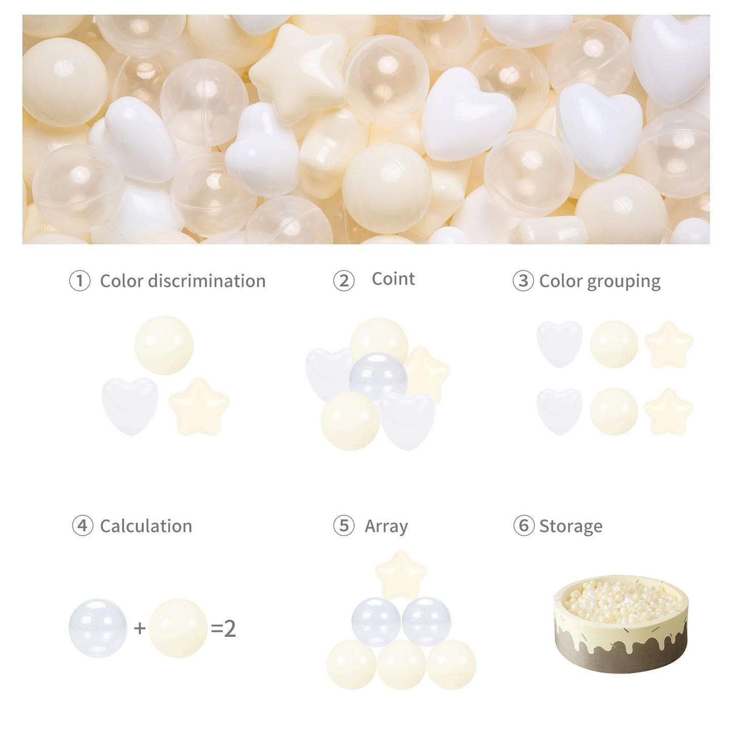 GOGOSO Ball Pit Balls – 100pcs Stars & Hearts, Beige/Clear/White for Toddlers & Kids