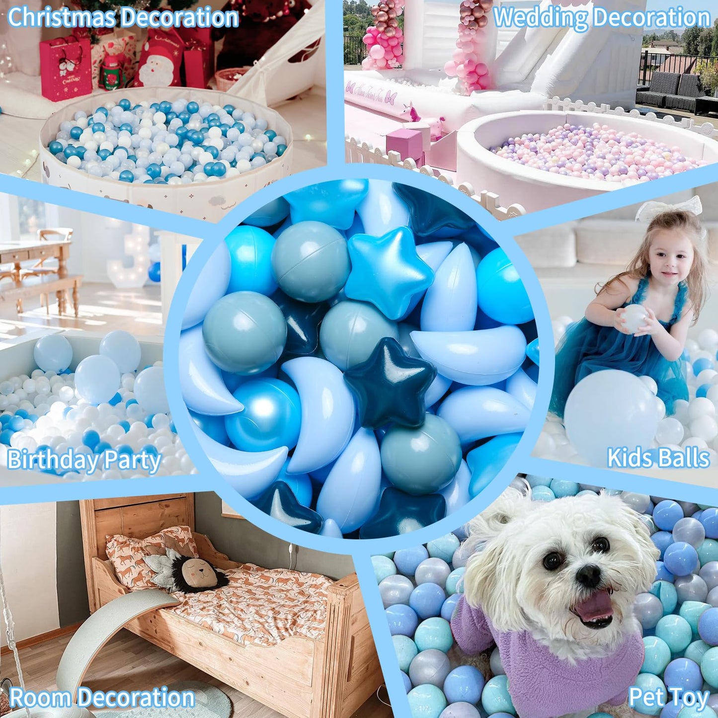 GOGOSO Ball Pit Balls — Stars & Moon Shapes, Gradient Blue, 100pcs