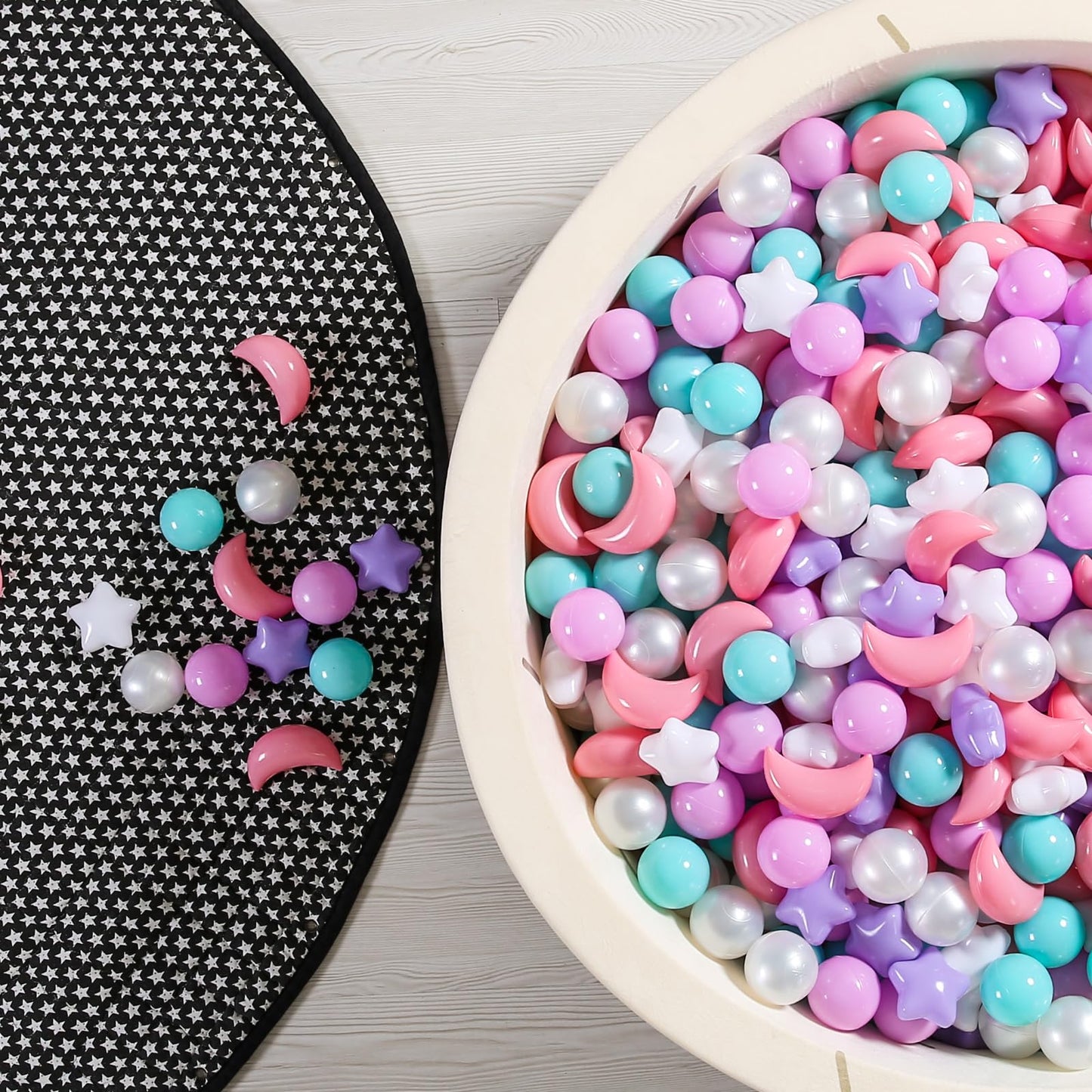 GOGOSO Ball Pit Balls – Stars & Moon Shapes, 100 PCS, Pink/Green/Purple/Pearl White