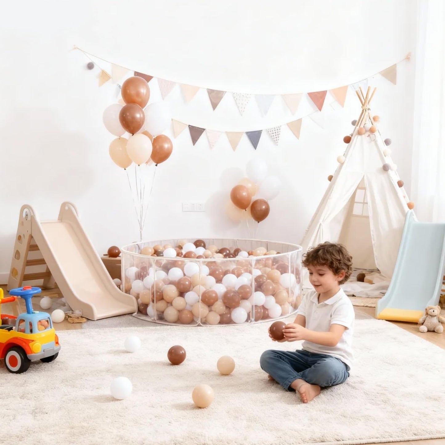 GOGOSO Ball Pit Balls for Toddlers – 100 Soft Pastel Balls, Beige & White with Gold Accents, BPA-Free