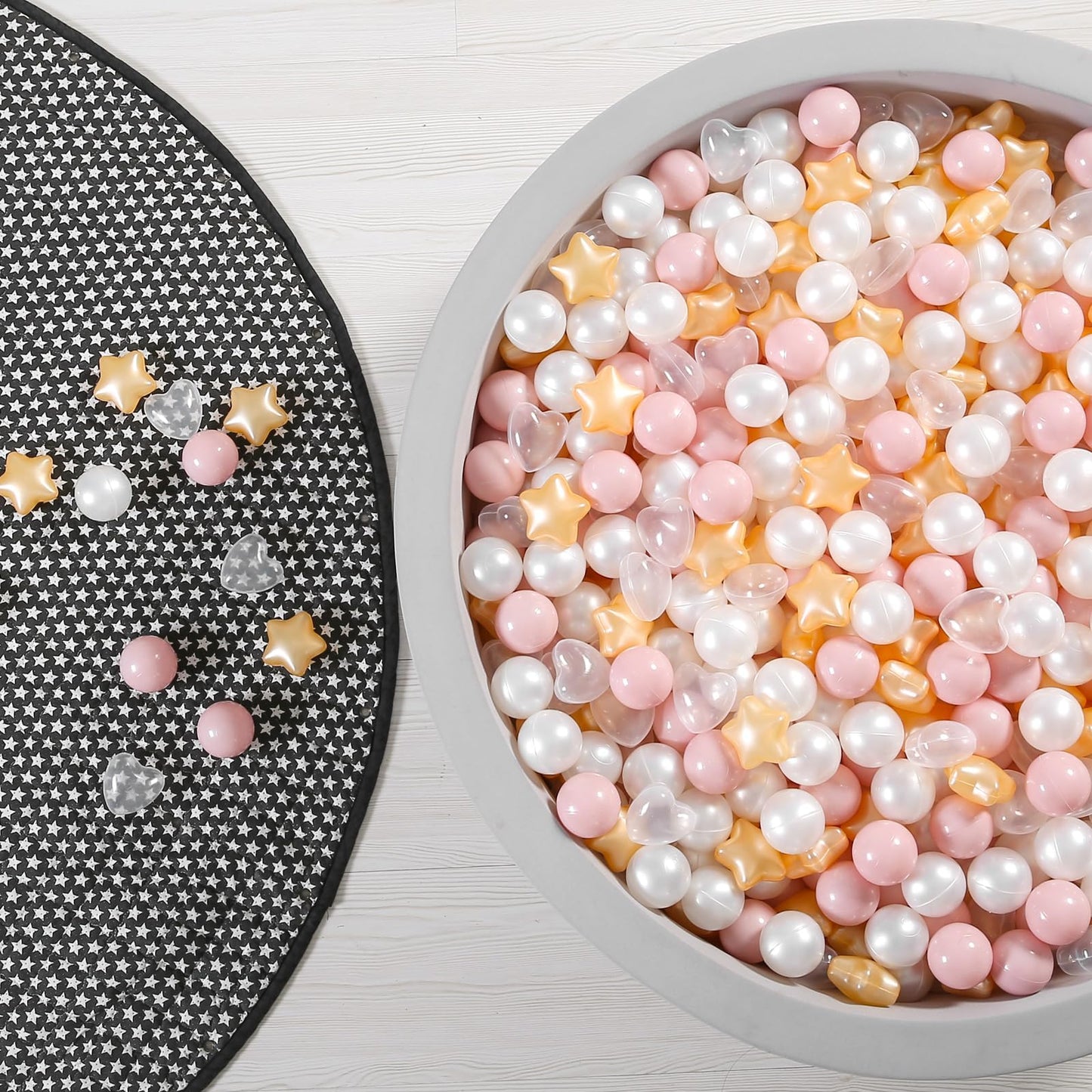 GOGOSO Ball Pit Balls – 200pc Stars & Hearts Shapes (Pink, Gold, White, Clear)