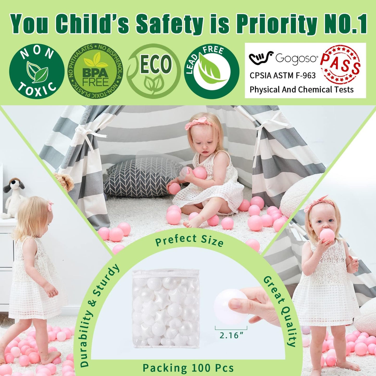 GOGOSO Ball Pit Balls for Toddlers – 100 Non-Toxic Pastel Pearl White & White Star