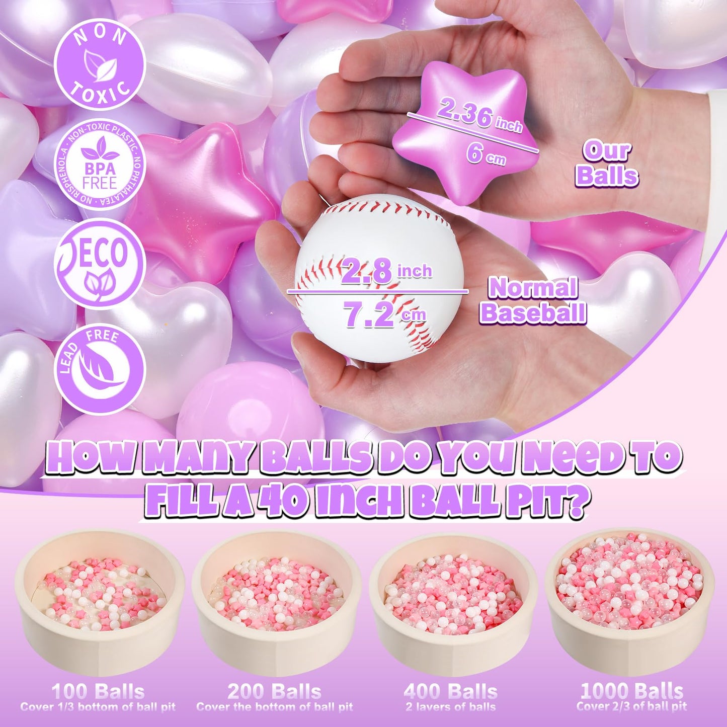 GOGOSO Ball Pit Balls – 100pcs Pastel Stars & Hearts, 2.15in Plastic Balls for Toddlers