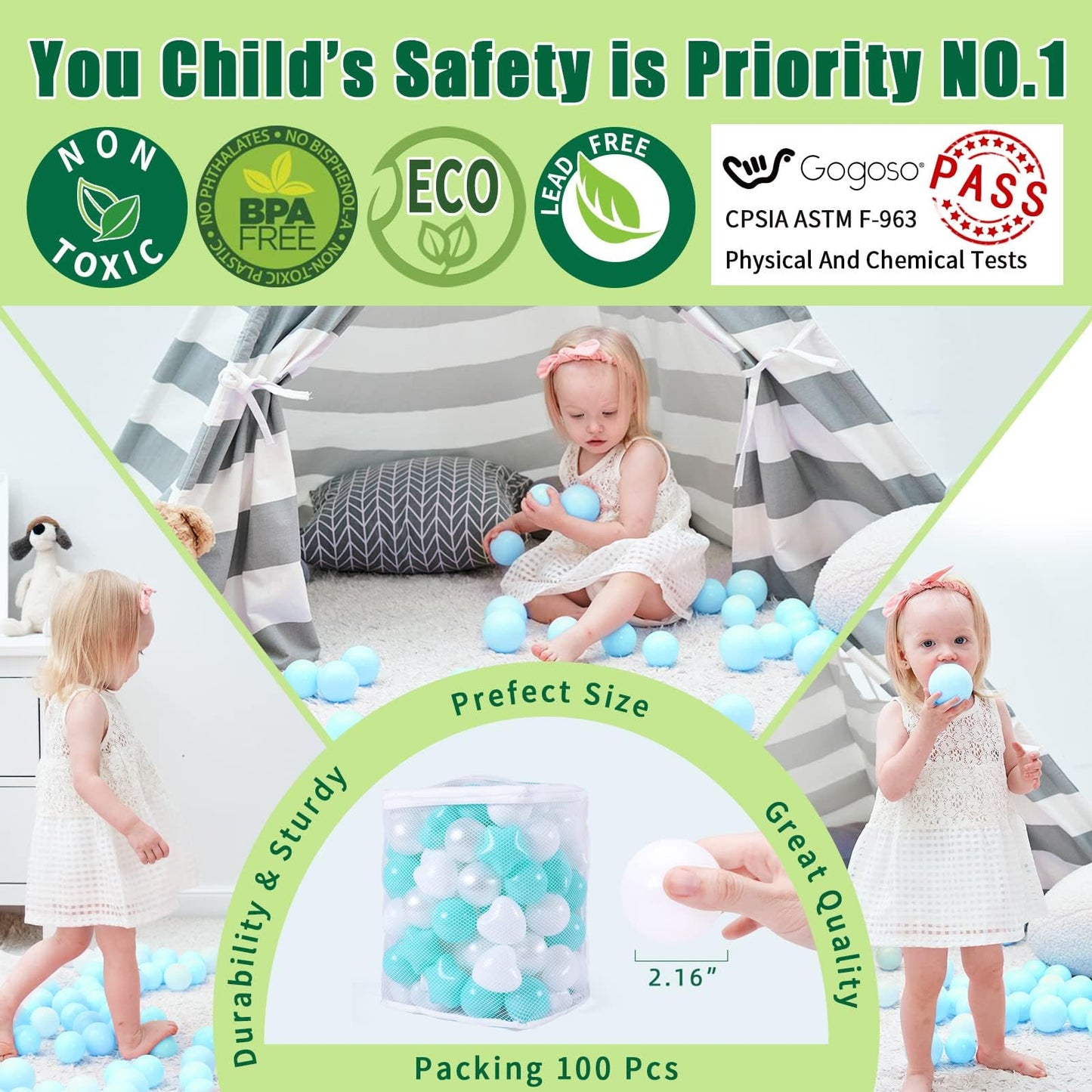 GOGOSO Ball Pit Balls Shapes — 100 Pieces, Crush-Proof, Safe Non-Toxic BPA & Phthalate Free