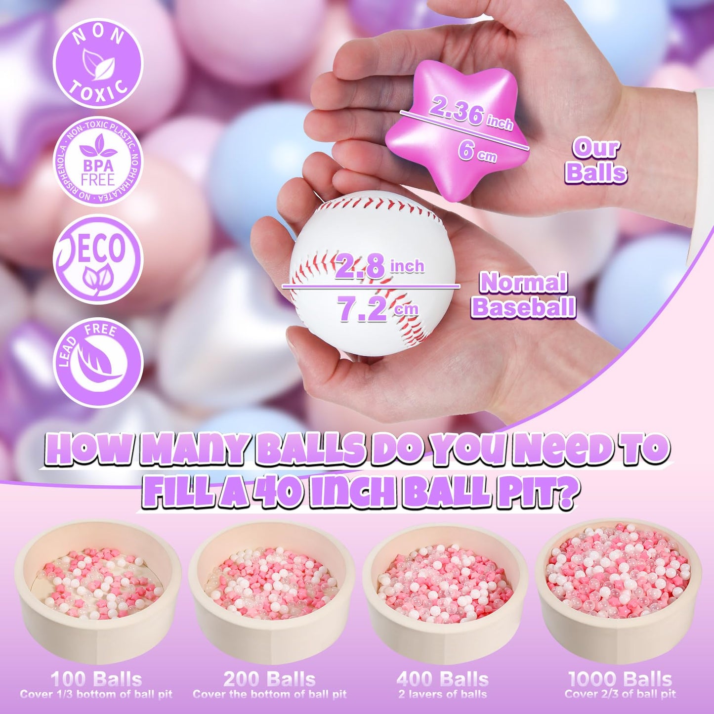 GOGOSO Ball Pit Balls – 200pcs Star & Heart Shapes in Pearl Pink Blue Purple
