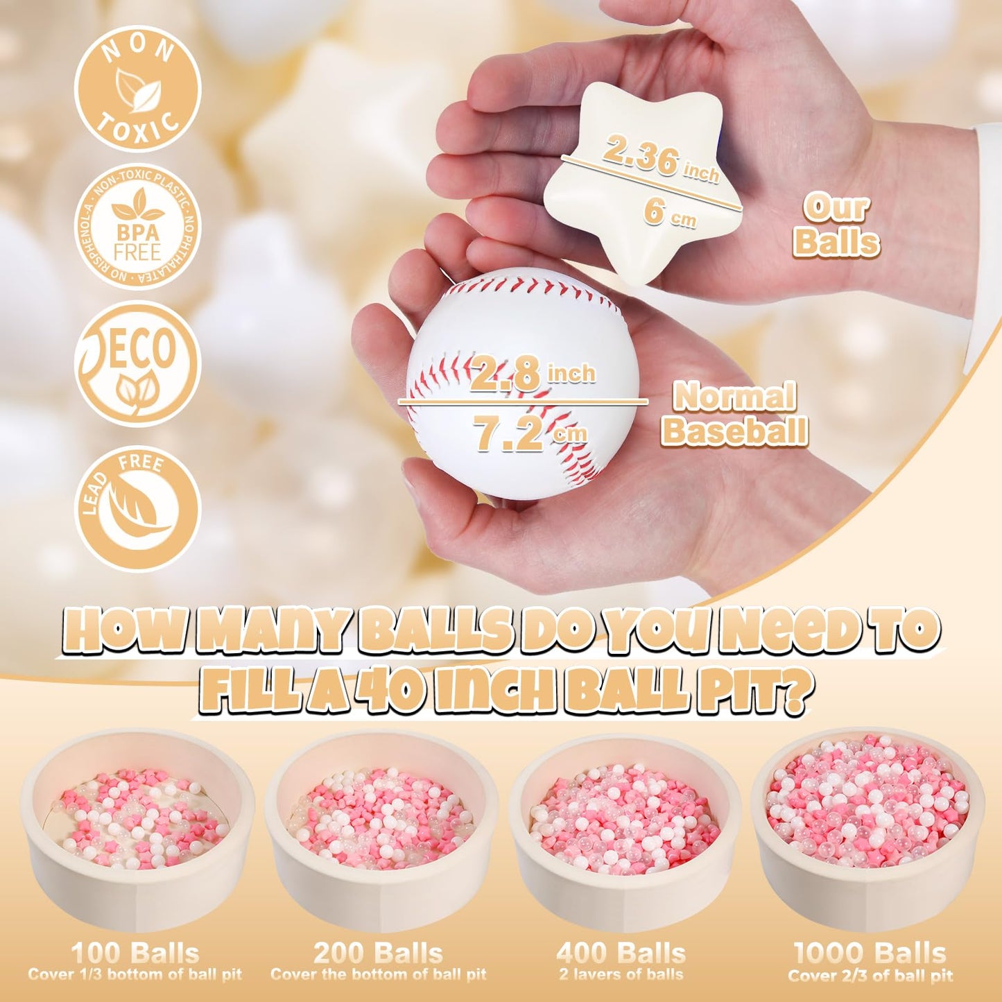 GOGOSO Ball Pit Balls – 100pcs Stars & Hearts, Beige/Clear/White for Toddlers & Kids