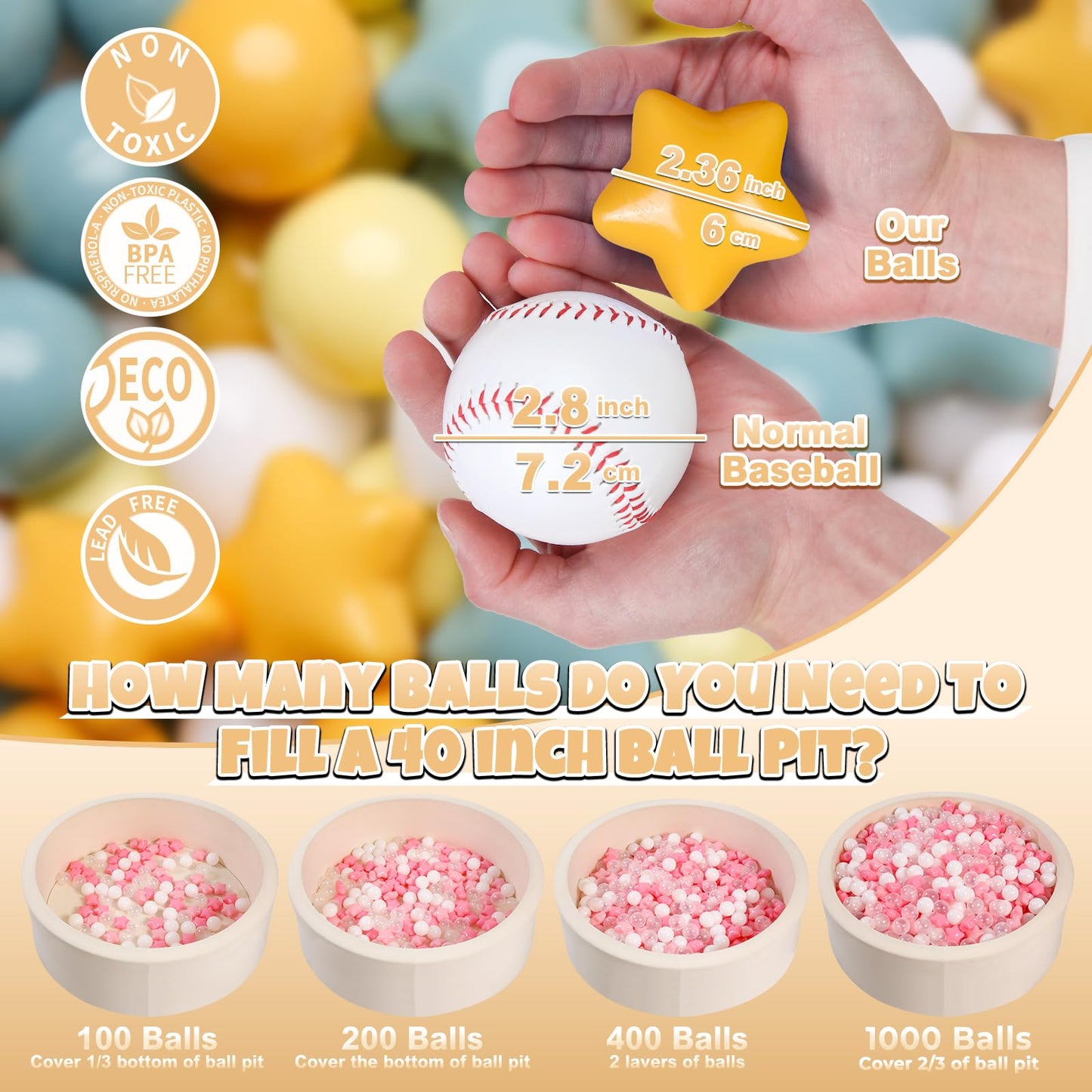 GOGOSO Ball Pit Balls – 200pcs Stars & Hearts, Pastel Yellow & Blue