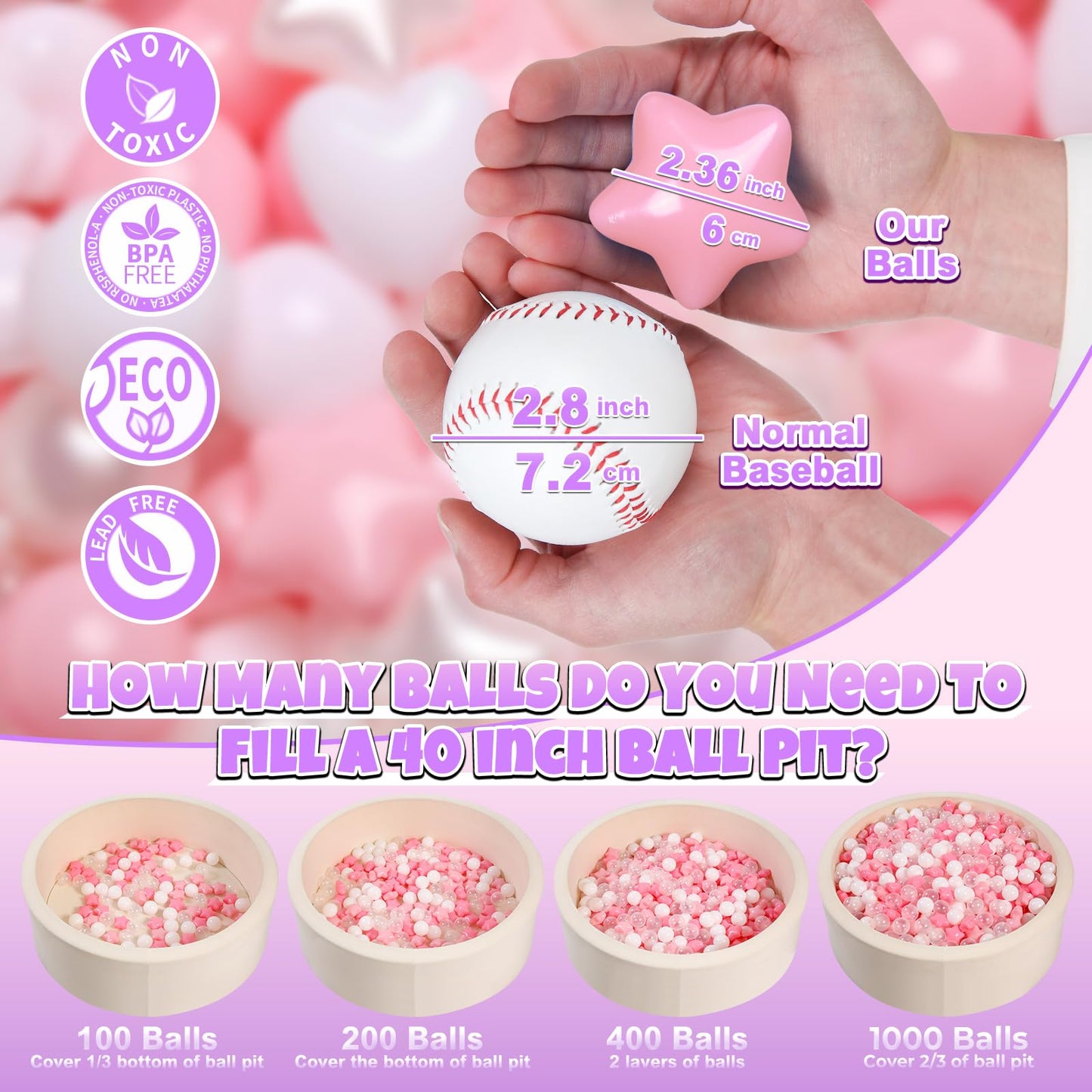 GOGOSO Ball Pit Balls – 200pcs Stars & Hearts Pastel Shapes (Pink, Pear, White)