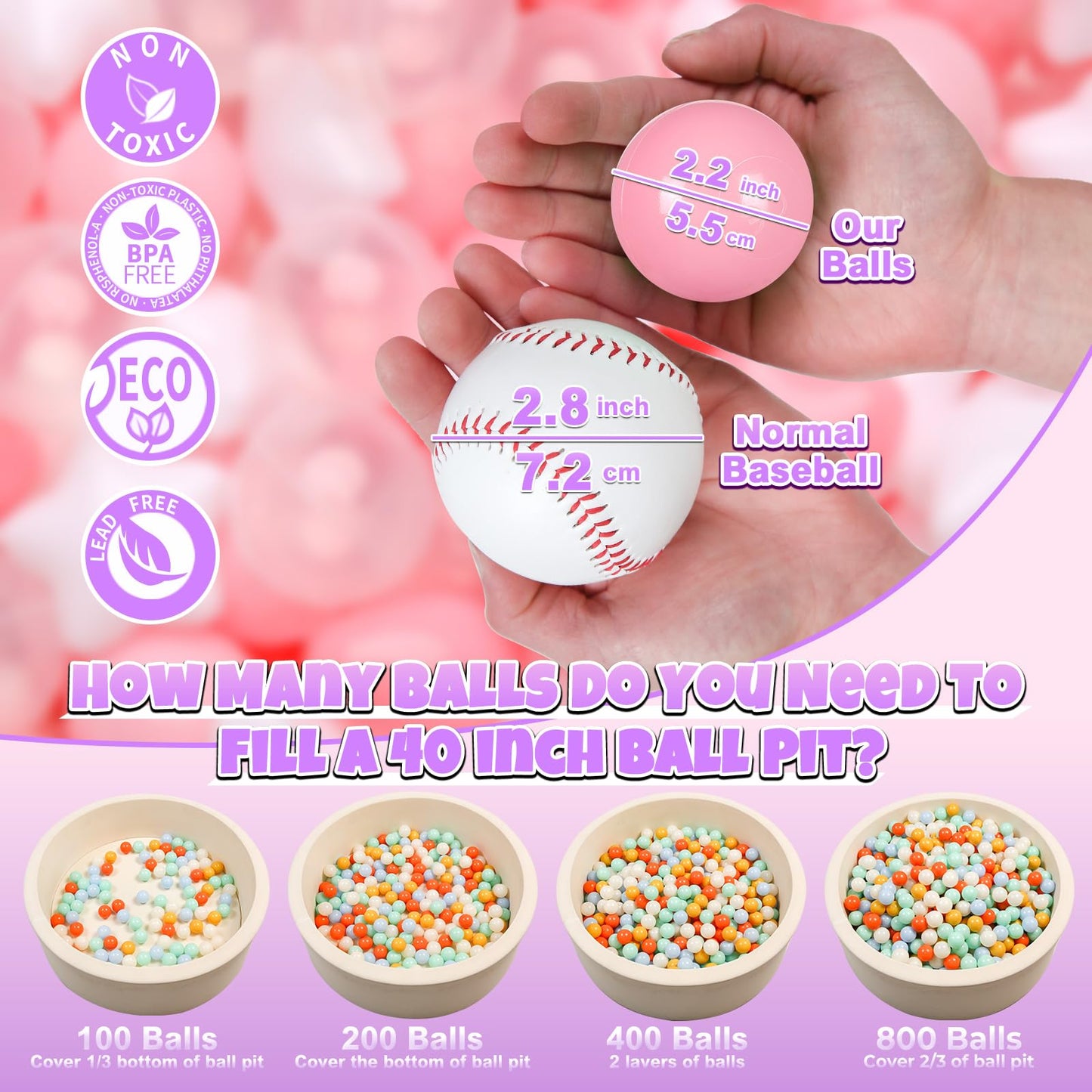 GOGOSO Ball Pit Balls - 100pcs Stars & Hearts Shapes (Pink, Light Pink, White, Clear) - 2.15in, Phthalate-free & BPA-free