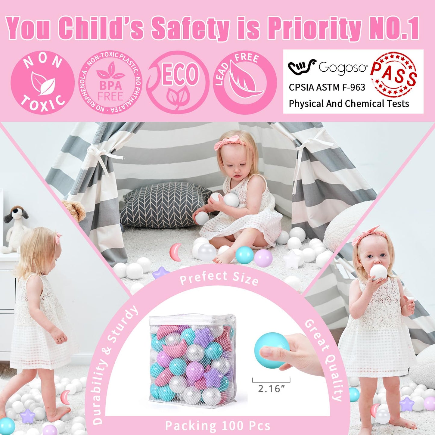 GOGOSO Ball Pit Balls – Stars & Moon Shapes, 100 PCS, Pink/Green/Purple/Pearl White