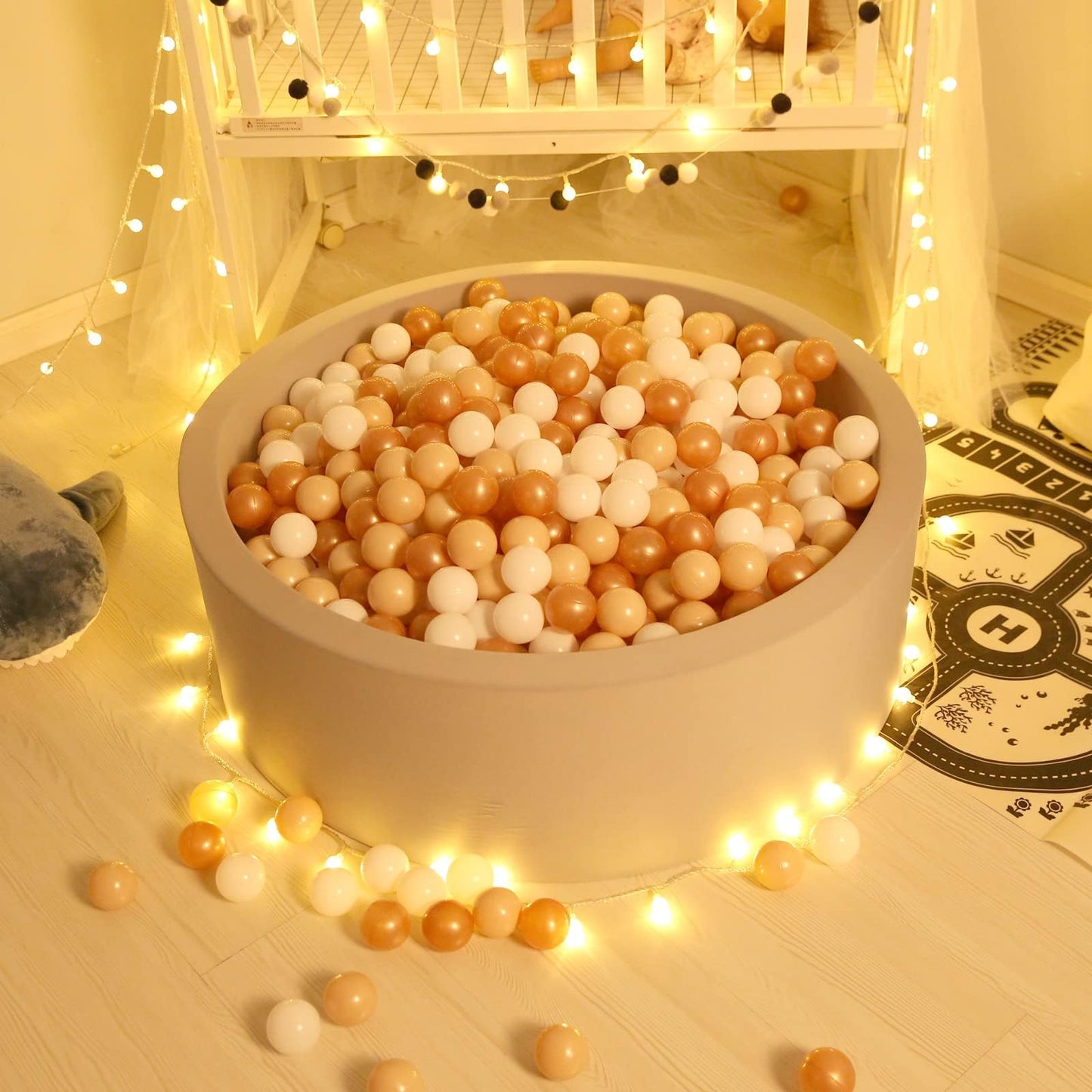 GOGOSO Ball Pit Balls for Toddlers – 100 Soft Pastel Balls, Beige & White with Gold Accents, BPA-Free