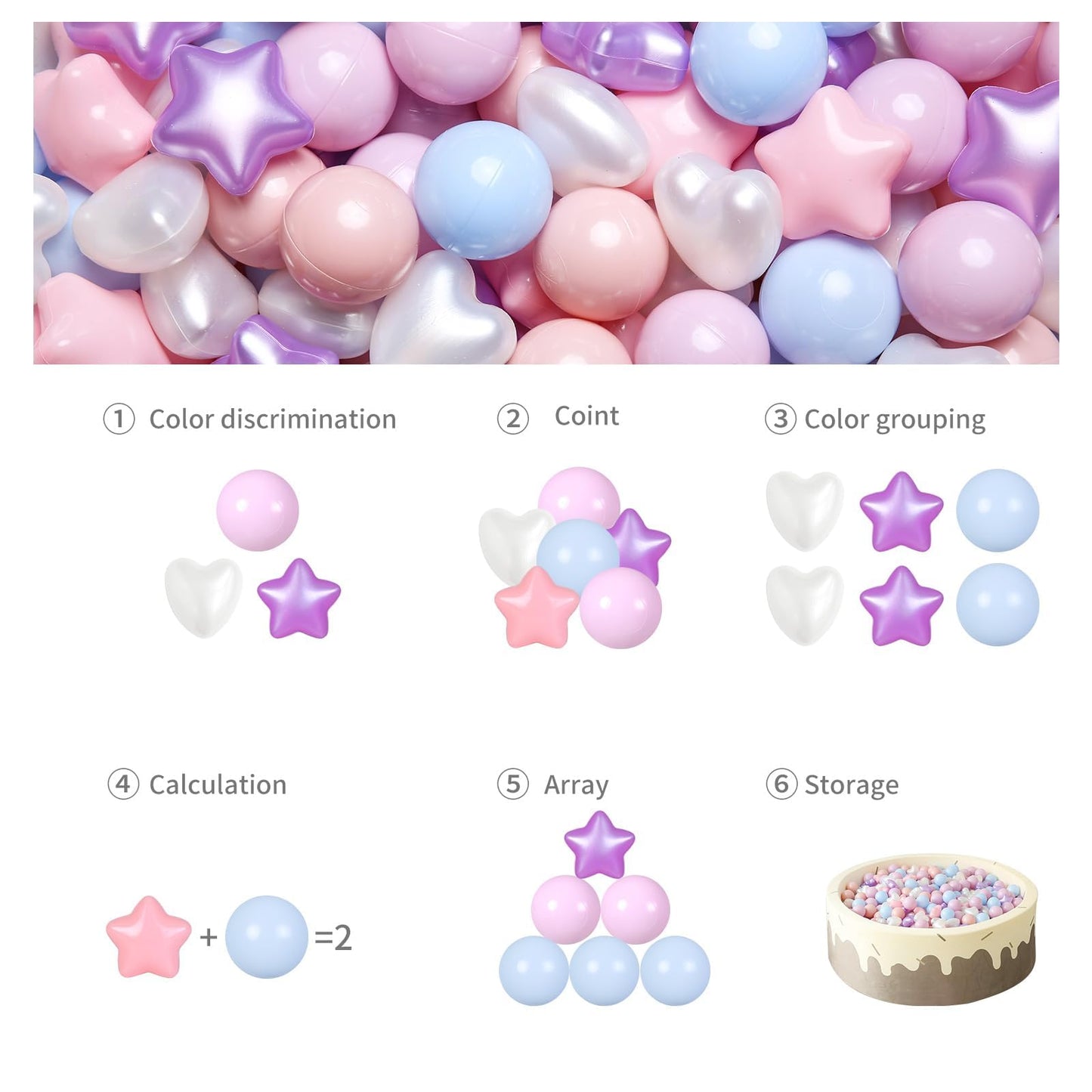 GOGOSO Ball Pit Balls – 200pcs Star & Heart Shapes in Pearl Pink Blue Purple