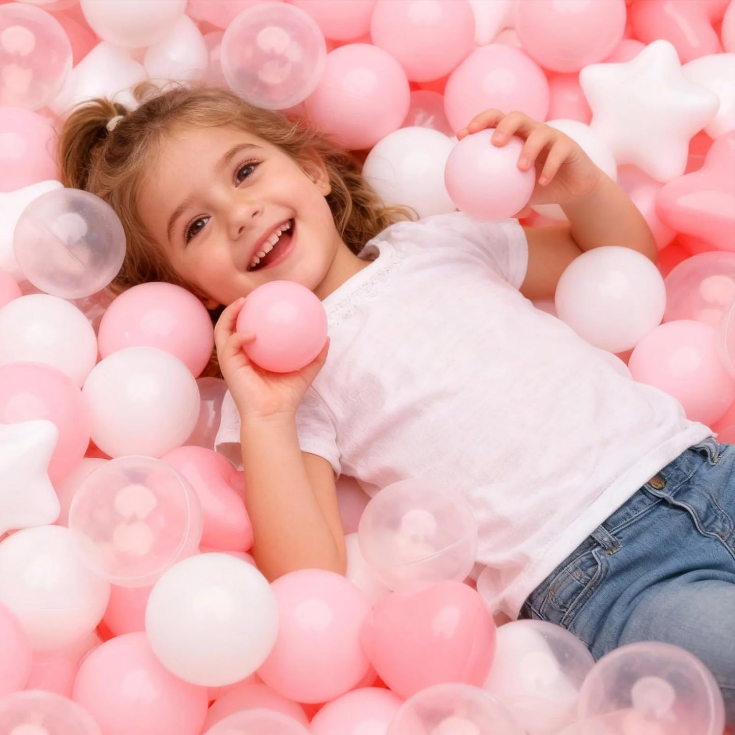 GOGOSO Ball Pit Balls - 100pcs Stars & Hearts Shapes (Pink, Light Pink, White, Clear) - 2.15in, Phthalate-free & BPA-free