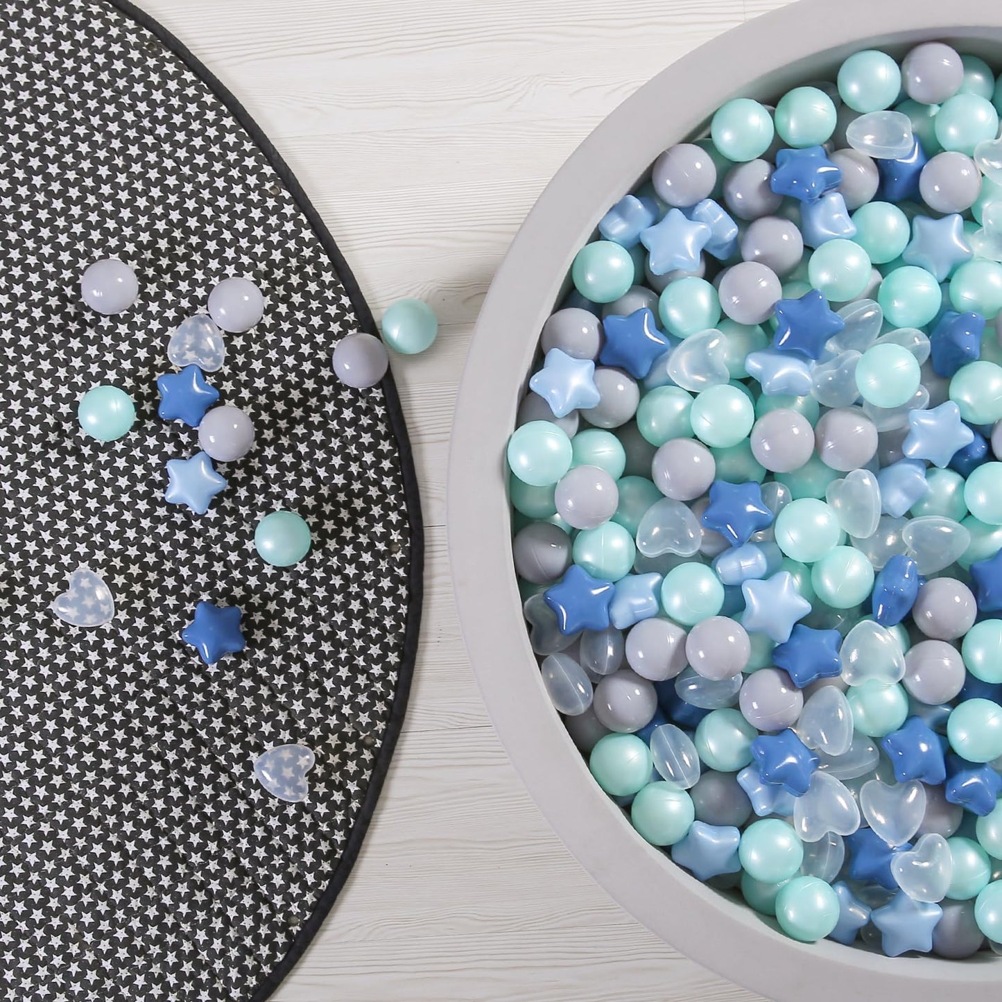 GOGOSO Ball Pit Balls – 200 Pcs Star & Heart Shaped Pastel Balls (Cream Blue & Pearl Blue)