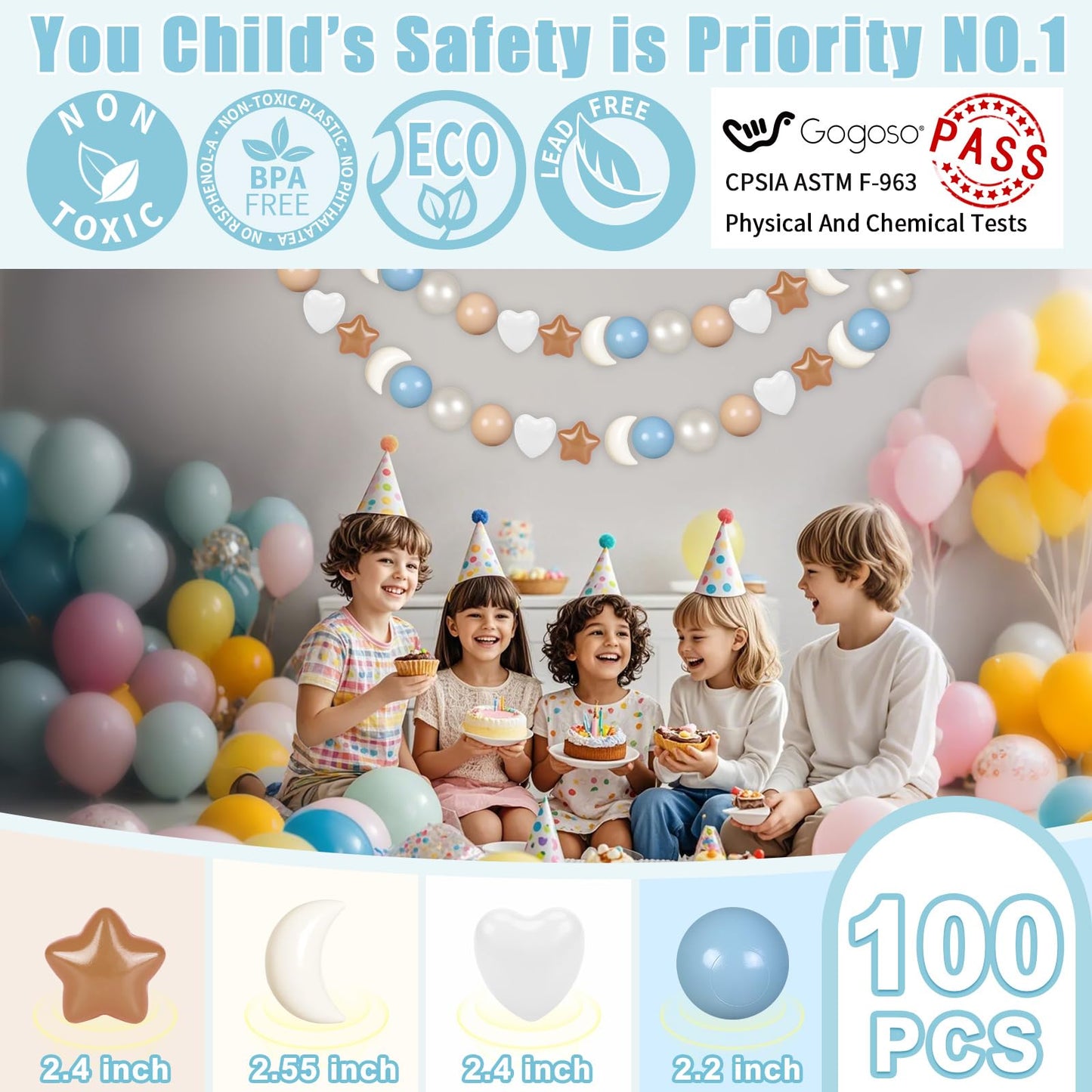 GOGOSO Star Heart Moon Ball Pit Balls – BPA Free, Crush-Proof, Pastel Mocha Blue