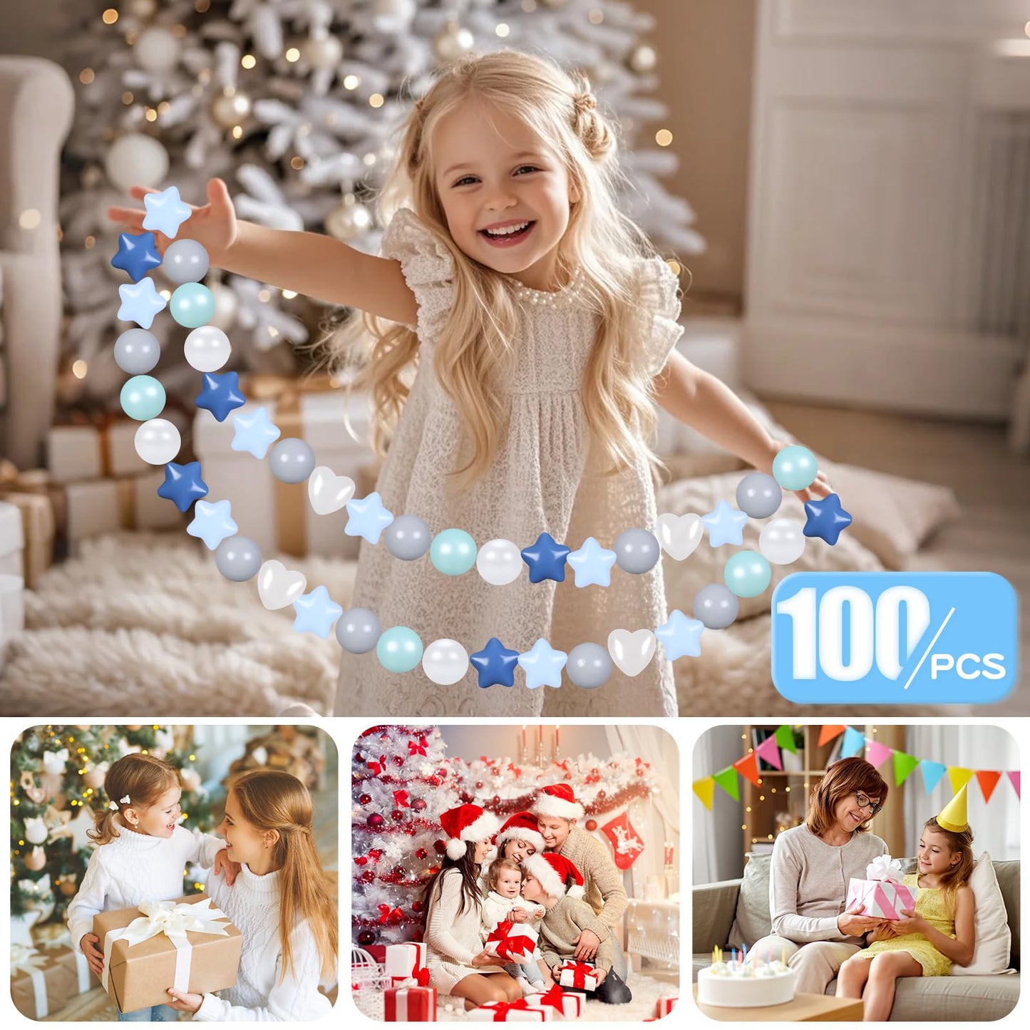 GOGOSO Ball Pit Balls - 100pcs Star & Heart Shaped Pastel Balls (Cream & Pearl Blue)