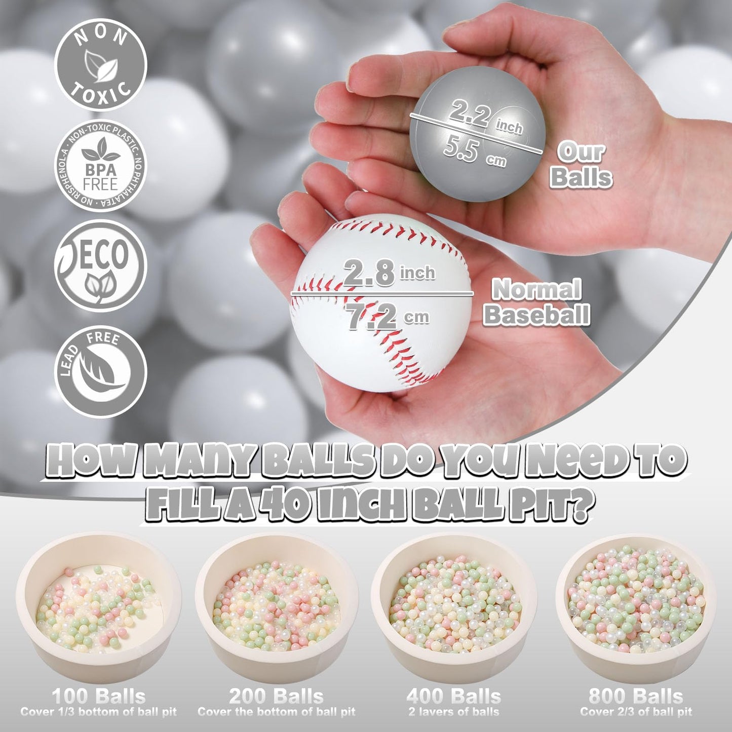 GOGOSO Ball Pit Balls – 200 Soft Plastic Play Balls for Toddlers, BPA-Free, Gray & White