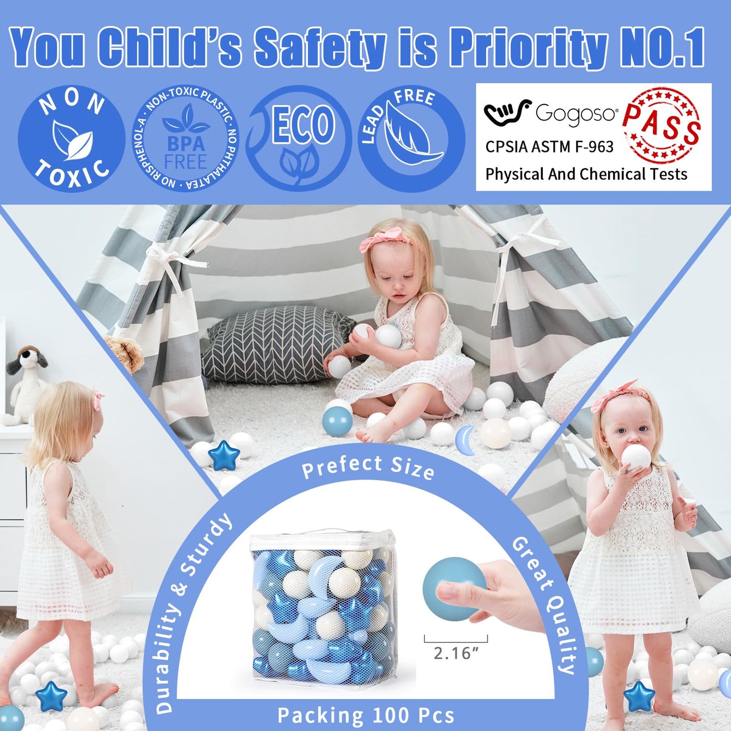 GOGOSO Ball Pit Balls – Stars & Moon Shapes (100 pcs) for Toddlers, Pearl Blue & Cream