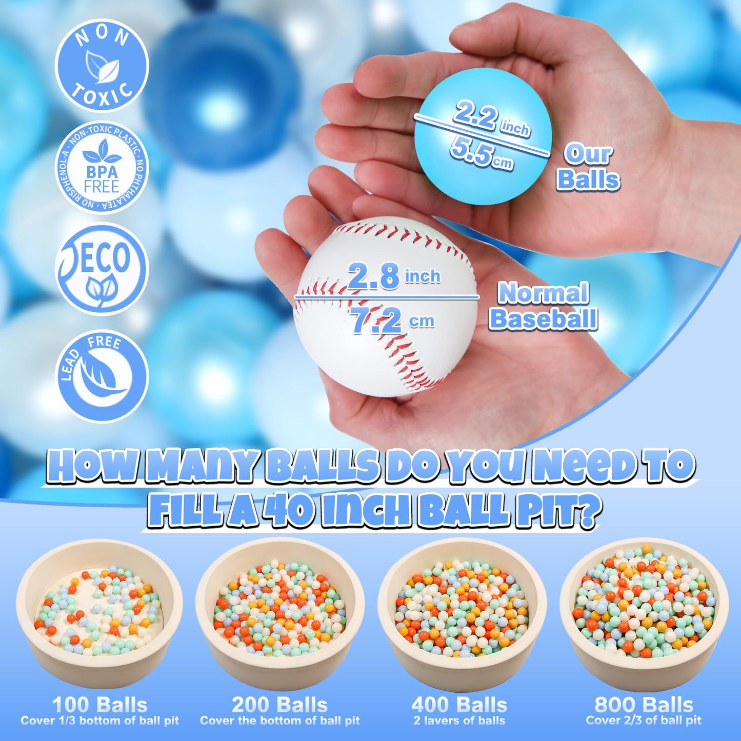 GOGOSO Ball Pits Balls for Toddlers – Non-Toxic 2.15-Inch Plastic Balls in Pearl Blue (50/100/200/500 Pack)