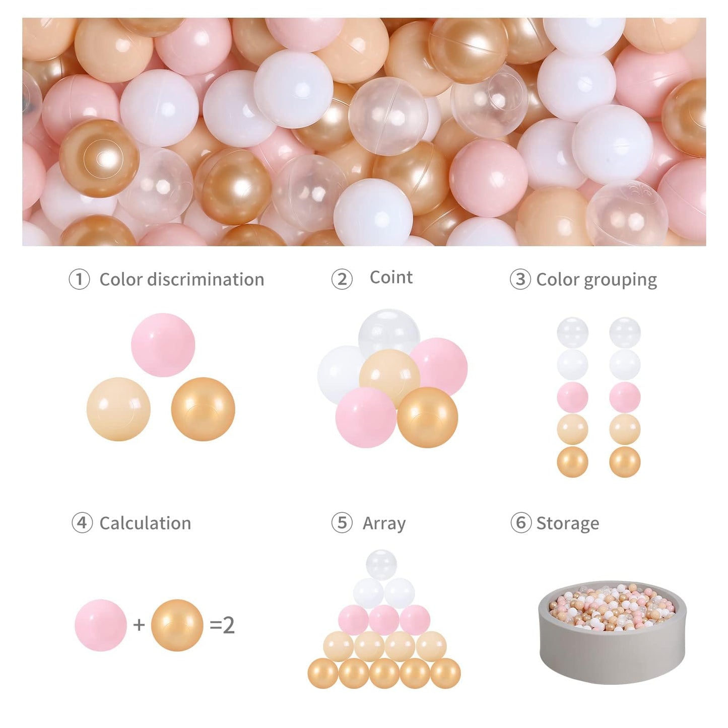 GOGOSO Ball Pits Balls – 2.2-Inch Crush-Proof, Non-Toxic, 100 Count (Beige, Pink, Pearl Brown, White, Clear)