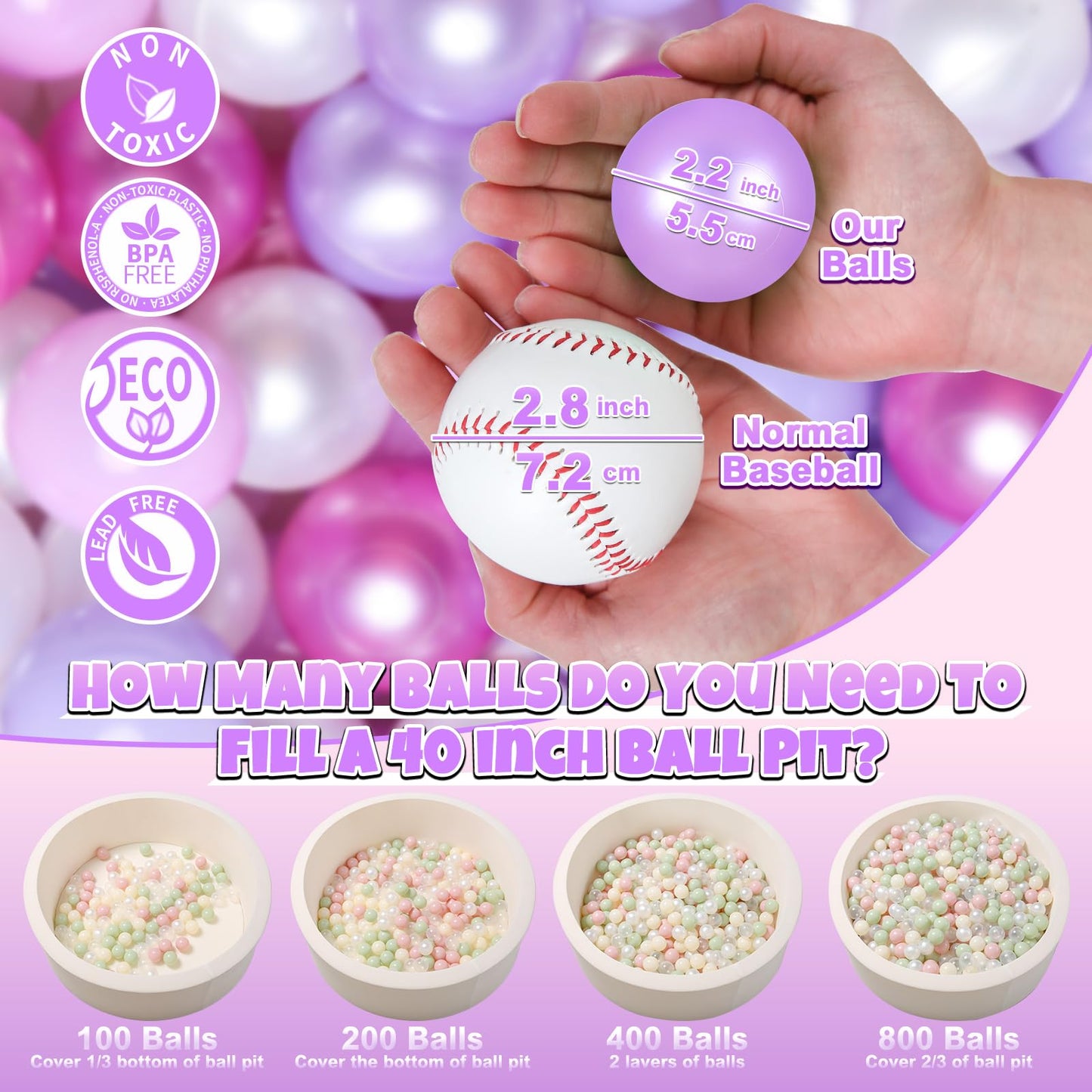 GOGOSO Ball Pits Balls – 200 Non-Toxic 2.2-Inch Crush-Proof, Pearl Purple, BPA-Free