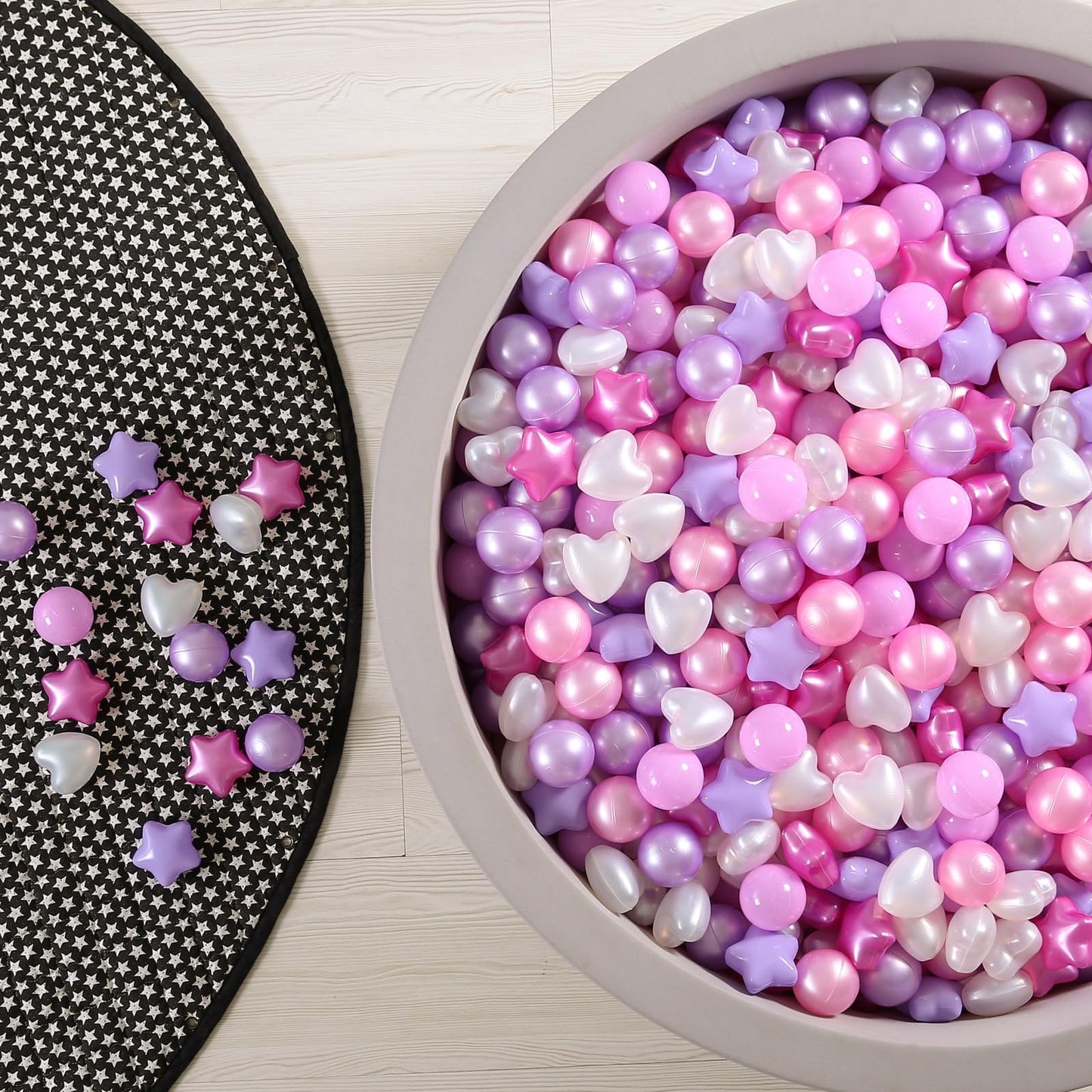 GOGOSO Ball Pits Balls for Toddlers – 2.2-Inch Crush-Proof Non-Toxic Plastic Balls (50-100-200-500 Count) in Pearl Pink, Pearl Light Pink, Purple, Star & Heart